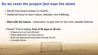 So we reset the project (but kept the team)
• Strictly time-boxed phases (3 months)
• Additional focus on team culture, attitudes, and challenge
• Start with the basics – Automation, to gain time for the more valuable features
• Result: Time to deploy from 5-10 days to 30 min
• Infrastructure as Code (Docker)
• Rapid deployment via Cloud (Azure)
• Build and deployment automation through Go.CD
• Inmutable Server
 