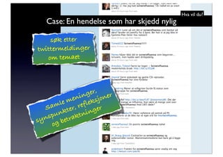Hva vil du?
   Case: En hendelse som har skjedd nylig

    søk etter
twittermeldinger
   om temaet




                ger, er
            enin ksjon
        le m refle
   Sam kter,         r
                 nge
     pun raktni
s yns bet
     og
 