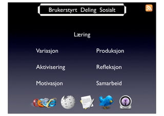Brukerstyrt Deling Sosialt



               Læring

Variasjon               Produksjon

Aktivisering            Reﬂeksjon

Motivasjon              Samarbeid
 