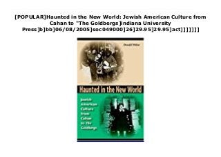 [POPULAR]Haunted in the New World: Jewish American Culture from
Cahan to "The Goldbergs]indiana University
Press]b]bb]06/08/2005]soc049000]26]29.95]29.95]act]]]]]]]
"Haunted in the New World is a superb, insightful, and acutely intelligent piece of work. It makes a real contribution to the understanding of ethnicity in general and Jewish American culture in particular." --Morris DicksteinIn 1916 Abraham Cahan, editor of the Jewish daily The Forward, warned his Yiddish-speaking readers of the potential psychic dangers associated with their New World situation. "You will not be able to erase the old home from your heart," he cautioned his immigrant readers, transplanted from the shtetls and cities of Eastern Europe to exhilarating, if bewildering, multicultural New York. Building on Cahan's deeply personal reflection, Haunted in the New World maps the affective landscape of modern Jewish American culture.Drawing on scholarship in a range of disciplines, including the sociology of manners, the study of the role of foodways in the formation of ethnic identity, the psychoanalysis of shame and self-hatred, and the role of memory for those unsettled by the experience of migration, Donald Weber traces the impact of the tension between nostalgia for the world left behind and the desire to blend into American culture, as evidenced in a number of key texts in the canon of Jewish American expression. These range from early immigrant fiction and cinema, through the novels of Anzia Yezierska and Henry Roth, to Hollywood's representation of Jews in The Jazz Singer and Gentleman's Agreement, to Saul Bellow, Gertrude Berg (Molly Goldberg), and the comedians Milton Berle and Mickey Katz. Setting an array of figures and works in creative dialogue, Haunted in the New World offers a genealogy of those core emotions--shame and self-hatred, nostalgic longing and the impulse to forget--that organized much of 20th-century Jewish American expressive culture and transformed American culture at the same time.
 