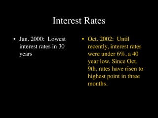 Interest Rates
• Jan. 2000: Lowest      • Oct. 2002: Until
  interest rates in 30     recently, interest rates
  years                    were under 6%, a 40
                           year low. Since Oct.
                           9th, rates have risen to
                           highest point in three
                           months.
 