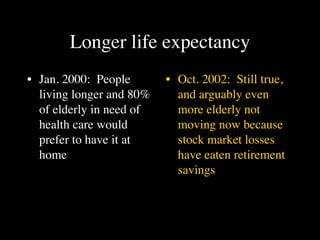 Longer life expectancy
• Jan. 2000: People       • Oct. 2002: Still true,
  living longer and 80%     and arguably even
  of elderly in need of     more elderly not
  health care would         moving now because
  prefer to have it at      stock market losses
  home                      have eaten retirement
                            savings
 
