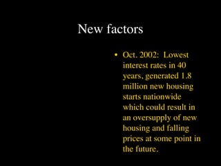New factors
      • Oct. 2002: Lowest
        interest rates in 40
        years, generated 1.8
        million new housing
        starts nationwide
        which could result in
        an oversupply of new
        housing and falling
        prices at some point in
        the future.
 