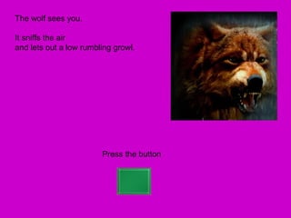 The wolf sees you.

It sniffs the air
and lets out a low rumbling growl.




                        Press the button
 