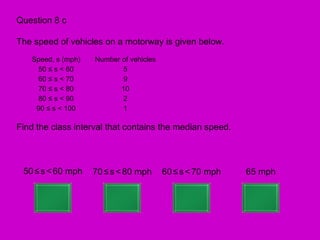 Question 8 c

The speed of vehicles on a motorway is given below.
   Speed, s (mph)   Number of vehicles
    50 ≤ s < 60             5
    60 ≤ s < 70             9
    70 ≤ s < 80            10
    80 ≤ s < 90             2
    90 ≤ s < 100            1

Find the class interval that contains the median speed.



 50 ≤ s < 60 mph    70 ≤ s < 80 mph      60 ≤ s < 70 mph   65 mph
 