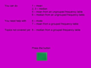 You can do             1 – mean
                       2, 3 – median
                       5 – mean from an ungrouped frequency table
                       6 – median from an ungrouped frequency table

You need help with     4 – mode
                       7 – mean from a grouped frequency table

Topics not covered yet 8 – median from a grouped frequency table




                       Press the button
 