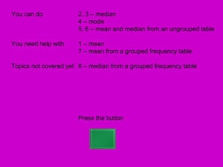 You can do             2, 3 – median
                       4 – mode
                       5, 6 – mean and median from an ungrouped table

You need help with     1 – mean
                       7 – mean from a grouped frequency table

Topics not covered yet 8 – median from a grouped frequency table




                       Press the button
 