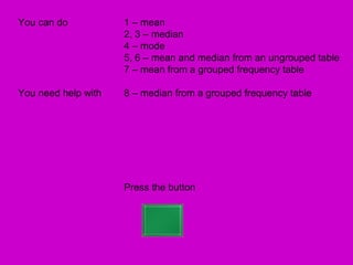 You can do           1 – mean
                     2, 3 – median
                     4 – mode
                     5, 6 – mean and median from an ungrouped table
                     7 – mean from a grouped frequency table

You need help with   8 – median from a grouped frequency table




                     Press the button
 