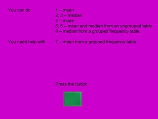 You can do           1 – mean
                     2, 3 – median
                     4 – mode
                     5, 6 – mean and median from an ungrouped table
                     8 – median from a grouped frequency table

You need help with   7 – mean from a grouped frequency table




                     Press the button
 