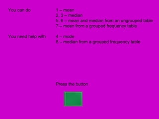 You can do           1 – mean
                     2, 3 – median
                     5, 6 – mean and median from an ungrouped table
                     7 – mean from a grouped frequency table

You need help with   4 – mode
                     8 – median from a grouped frequency table




                     Press the button
 