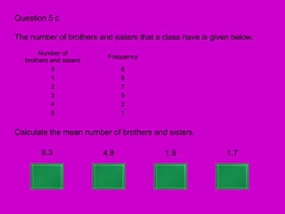 Question 5 c

The number of brothers and sisters that a class have is given below.
       Number of
                          Frequency
  brothers and sisters
           0                   6
           1                   8
           2                   7
           3                   5
           4                   2
           5                   1


Calculate the mean number of brothers and sisters.

        8.3              4.8              1.9               1.7
 