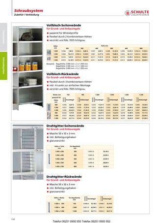 Schraubsystem
                   Zubehör / Verkleidung



                                           Vollblech-Seitenwände
                                           fürGrund-undAnbauregale
Stecksystem




                                           passendfürWinkelprofile
                                           flexibeldurch2kombinierbareHöhen
                                           verzinktundRAL7035lichtgrau

                                                                 Höhe                                                                               Tiefemm
                                                                  mm                  300                          350                     400                              500                  600                  800
                                                                  1.050       12346         7,86€     12346-A           8,84€    12347         9,83€          12348         12,18€   12349     13,95€   12350-A    17,99€
                                           zinkt
                                            ver-


                                                                  1.300       12400     10,21€        12400-A       11,50€       12401      12,77€            12402         15,80€   12403     18,13€   12404-A    23,34€
                                                                  1.050       32316         9,35€     32316-A       10,34€       32317      11,31€            32318         13,62€   32319     15,39€   32320-A    19,46€
Schraubsysteme




                                           RAL
                                           7035
 Schraubsystem




                                                                  1.300       32410     12,18€        32410-A       13,43€       32411      14,70€            32412         17,72€   32413     20,00€   32414-A    24,69€

                                           Beispiele:  egalhöhe2.000mm=2x1.050mm
                                                       R
                                                       Regalhöhe2.500mm=2x1.300mm
                                                       Regalhöhe3.000mm=3x1.050mm


                                           Vollblech-Rückwände
                                           fürGrund-undAnbauregale
                                           flexibeldurch3kombinierbareHöhen
                                           nkl.H-LeistezureinfachenMontage
                                             i
                                           verzinktundRAL7035lichtgrau

                                                                 Breitemm             750                          785                    1.000                            1.035            1.300                   1.335
                                                                passendfür
                                                                  Höhe               Grundregal                Anbauregal                 Grundregal                    Anbauregal          Grundregal           Anbauregal
                                                                                                                                                                                                               
                                                                   mm
                                                                   500         12356         8,67€         12358         9,43€   12352         11,61€         12354         11,76€   12376     15,10€    12406     15,30€
                                                     verzinkt




                                                                  1.000        12357        16,86€         12359        17,70€   12353         22,02€         12355         22,81€   12379     22,89€    12409     23,66€
                                                                  1.300        12342        20,40€         12344        21,36€   12343         27,00€         12345         27,92€   12377     28,61€    12407     29,65€
                                           RAL7035




                                                                   500         32326         9,73€         32328        10,53€   32322         13,07€         32324         13,23€   32376     16,98€    32406     17,17€
                                           lichtgrau




                                                                  1.000        32327        18,24€         32329        18,87€   32323         23,11€         32325         24,15€   32346     24,06€    32347     25,09€
                                                                  1.300        32342        22,71€         32344        23,76€   32343         29,19€         32345         30,15€   32377     30,05€    32407     31,39€




                                           Drahtgitter-Seitenwände
                                           fürGrund-undAnbauregale
                                           Masche50x50x3mm
                                           inkl.Befestigungshaken
                                           glanzverzinkt

                                                                   HöhexTiefe            fürRegaltiefe
                                                                      mm                          mm

                                                                    1.950x200                       300                      12453-A                       20,18€
                                                glanzverzinkt




                                                                    1.950x300                       400                      12455-A                       23,06€

                                                                    1.950x400                       500                      12457-A                       25,95€

                                                                    1.950x500                       600                      12459-A                       28,84€

                                                                    1.950x700                       800                      12461-A                       36,06€




                                           Drahtgitter-Rückwände
                                           fürGrund-undAnbauregale
                                           Masche50x50x3mm
                                           inkl.Befestigungshaken
                                           glanzverzinkt

                                                                  HöhexBreite           fürRegalbreite
                                                                                                                              Grundregal                      Anbauregal
                                                                      mm                          mm                                                      
                                               glanzverzinkt




                                                                   1.950x650                    750             12448-B       33,18€       12448-C          33,18€

                                                                   1.950x900                1.000               12451-B       42,99€       12451-C          42,99€

                                                                   1.950x1.200                 1.300               12452-B       54,71€       12452-C          54,71€




                 104
                                                                Telefon 06201 6900 950 Telefax 06201 6900 952
 