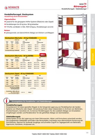 Büroregale
                                                                                                      Pendelhefterregale · Fädelstäberegal


Pendelhefterregal, Stecksystem
Aussteifung durch Kreuzstreben




                                                                                                                                               Stecksystem
Eigenschaften
n  assendfürdiegängigstenHefter-Systeme(Elba/LeitzoderZippel)
   p
n Pendelstangenbis45kgbzw.90kgbelastbar
n  -ProfileundBödeninRAL7035lichtgrau,Pendelstangenverzinkt
   T

Nutzen
n  latzsparendeundübersichtlicheAblagevonOrdnernundMappen
   p




                                                                                                                                               Schraubsysteme
                                                                                                                                               Schraubsystem
Stecksystem Elba/Leitz - 45 kg STANDARD
                     Tiefe mm                  350                             350
  Höhe     Breite    Pendel-
                                             Grundregal                      Anbauregal
  mm        mm       stangen
  1.800     1.000        5         30610-N           219,81 €      30613-N           184,63 €
  2.000     1.000        6         30611-N           250,52 €      30614-N           212,75 €
  2.300     1.000        7         30612-N           284,50 €      30615-N           242,52 €
 Zusatzpendelstange STANDARD       30616-N           25,55 €       30616-N           25,55 €




                                                                                                                                               Büroregale
Stecksystem Elba/Leitz - 90 kg EXTRA
                                                                                 NEU
                     Tiefe mm                  350                             350
  Höhe     Breite    Pendel-
                                             Grundregal                      Anbauregal
  mm        mm       stangen
  1.800     1.000        5        30610-N-90         285,30 €     30613-N-90         258,60 €
  2.000     1.000        6        30611-N-90         331,17 €     30614-N-90         302,73 €
  2.300     1.000        7        30612-N-90         384,00 €     30615-N-90         350,35 €
    Zusatzpendelstange EXTRA      30616-N-90         42,38 €      30616-N-90         42,38 €




                                                                                                                                               Weitspannregale
Stecksystem Zippel - 45 kg STANDARD
                     Tiefe mm                  350                             350
  Höhe     Breite    Pendel-
                                             Grundregal                      Anbauregal
  mm        mm       stangen
  1.800     1.000        5        30610-N-Z          252,38 €     30613-N-Z          217,20 €
  2.000     1.000        6        30611-N-Z          289,60 €     30614-N-Z          251,84 €
  2.300     1.000        7        30612-N-Z          330,09 €     30615-N-Z          288,11 €
 Zusatzpendelstange STANDARD      30616-N-Z          32,05 €      30616-N-Z          32,05 €




                                                                                                                                               Palettenregale
          Pendelstange EXTRA
                                                          aufAnfrage
            bis 90 kg belastbar

  Zusatzboden 1.000 x 350 mm
            RAL7035lichtgrau    31431-B           10,88 €
       mit4Fachbodenträgern




              Einsatzgebiete für Pendelhefter- und Fädelstäberegal

   Pendelhefterregale
                                                                                                                                               Kragarmregale




   EinsatzbereichfürdiesespeziellenRegaleistdiehängendeLagerungvonPendeltaschenderbeiden
   SystemevonElba/LeitzoderZippel.VerwendungfindendieseinsbesondereinArchivenvonBehörden,
   Krankenhäusern,Kanzleienetc.EskönnenPendelmappenfürdieLoseblatt-AblagevonEinzelakten
   eingehangenwerdenundPendelordnerfürdiegehefteteAblagevonSammelakten.

   Fädelstäberegale
   DiesesSystemistfürdieLagerungvonlosenDokumenten,AktenundFormularenentwickeltworden.
                                                                                                                                               Regalanlagen  Bühnen




   DieeingesetztenFädelstäbeverhinderndasHerausfallenundbieteneineübersichtlicheSortierungder
   Schriftstücke.OptimalfürlaufendeVorgängeundschnellenZugriffimTagesgeschäftvonBehörden,
   Agenturen,Kanzleien,Arztpraxenetc.




                                                                                                                                         123
                                                                Telefon 06201 6900 950 Telefax 06201 6900 952
 