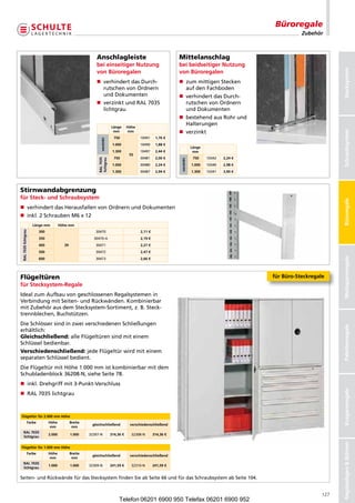Büroregale
                                                                                                                                                              Zubehör



                                                            Anschlagleiste                                     Mittelanschlag
                                                            bei einseitiger Nutzung                            bei beidseitiger Nutzung




                                                                                                                                                                            Stecksystem
                                                            von Büroregalen                                    von Büroregalen
                                                            n  erhindertdasDurch-
                                                               v                                               n  ummittigenStecken
                                                                                                                  z
                                                               rutschenvonOrdnern                             aufdenFachboden
                                                               undDokumenten                                  n  erhindertdasDurch-
                                                                                                                  v
                                                            n  erzinktundRAL7035
                                                               v                                                  rutschenvonOrdnern
                                                               lichtgrau                                          undDokumenten
                                                                                                               n  estehendausRohrund
                                                                                                                  b
                                                                                                                  Halterungen
                                                                         Länge      Höhe




                                                                                                                                                                            Schraubsysteme
                                                                                                               n verzinkt




                                                                                                                                                                            Schraubsystem
                                                                          mm         mm
                                                                           750             10491     1,76 €
                                                              verzinkt




                                                                          1.000            10490     1,88 €
                                                                                                                          Länge
                                                                          1.300            10497     2,44 €                mm
                                                                                     55
                                                                           750             30481     2,00 €                750    10342   2,24 €
                                                            RAL 7035
                                                            lichtgrau




                                                                                                               verzinkt
                                                                          1.000            30480     2,24 €               1.000   10340   2,98 €
                                                                          1.300            30487     2,94 €               1.300   10341   3,90 €




Stirnwandabgrenzung
für Steck- und Schraubsystem




                                                                                                                                                                            Büroregale
n  erhindertdasHerausfallenvonOrdnernundDokumenten
   v
n inkl.2SchraubenM6x12
                      Länge mm          Höhe mm
 RAL 7035 lichtgrau




                          300                              30470                           2,11 €
                          350                             30470-A                          2,19 €
                          400             39               30471                           2,27 €
                          500                              30472                           2,47 €




                                                                                                                                                                            Weitspannregale
                          600                              30473                           2,66 €




Flügeltüren                                                                                                                                        für Büro-Steckregale
für Stecksystem-Regale
IdealzumAufbauvongeschlossenenRegalsystemenin
VerbindungmitSeiten-undRückwänden.Kombinierbar
mitZubehörausdemStecksystem-Sortiment,z.B.Steck-
trennblechen,Buchstützen.
DieSchlössersindinzweiverschiedenenSchließungen



                                                                                                                                                                            Palettenregale
erhältlich:
Gleichschließend:alleFlügeltürensindmiteinem
Schlüsselbedienbar.
Verschiedenschließend:jedeFlügeltürwirdmiteinem
separatenSchlüsselbedient.
DieFlügeltürmitHöhe1.000mmistkombinierbarmitdem
Schubladenblock36208-N,sieheSeite78.
n inkl.Drehgriffmit3-Punkt-Verschluss
                                                                                                                                                                            Kragarmregale




n RAL7035lichtgrau



Flügeltür für 2.000 mm Höhe
                  Farbe         Höhe           Breite
                                                         gleichschließend            verschiedenschließend
                                 mm             mm
    RAL 7035
                                2.000          1.000    32307-N          314,36 €     32308-N       314,36 €
    lichtgrau
                                                                                                                                                                            Regalanlagen  Bühnen




Flügeltür für 1.000 mm Höhe
                  Farbe         Höhe           Breite
                                                         gleichschließend            verschiedenschließend
                                 mm             mm
    RAL 7035
                                1.000          1.000    32309-N          241,59 €     32310-N       241,59 €
    lichtgrau

Seiten-undRückwändefürdasStecksystemfindenSieabSeite66undfürdasSchraubsystemabSeite104.


                                                                                                                                                                      127
                                                                              Telefon 06201 6900 950 Telefax 06201 6900 952
 