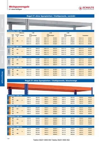 Weitspannregale
                         Z 1 ohne Auflagen



                                                                 Regal Z1 ohne Spanplatten / Stahlpaneele, verzinkt
Stecksystem




                  Fachbreite 1.536 mm
                                                      Höhe mm                1.981                          2.438                          3.048
                                   Tiefe   Fachlast
                                                       Ebenen                Grundregal                     Grundregal                     Grundregal                Zusatzebene
                                    mm        kg
Schraubsystem




                                   469                           18460-V-N           178,14 €   18480-V-N           187,40 €   18500-V-N           199,79 €   18520-V-N            33,76 €
                    verzinkt




                                   621                           18461-V-N           188,24 €   18481-V-N           197,50 €   18501-V-N           209,89 €   18521-V-N            36,29 €
                                             640         4
                                   773                           18462-V-N           194,23 €   18482-V-N           203,49 €   18502-V-N           215,88 €   18522-V-N            37,78 €
                                   926                           18463-V-N           206,01 €   18483-V-N           215,26 €   18503-V-N           227,65 €   18523-V-N            40,73 €


                  Fachbreite 1.841 mm
                                   469                           18465-V-N           194,01 €   18485-V-N           203,27 €   18505-V-N           215,66 €   18525-V-N            37,73 €
                                             610
                    verzinkt




                                   621                           18466-V-N           204,11 €   18486-V-N           213,37 €   18506-V-N           225,76 €   18526-V-N            40,25 €
                                                         4
                                   773                           18467-V-N           210,11 €   18487-V-N           219,36 €   18507-V-N           231,75 €   18527-V-N            41,75 €
                                             720
                                   926                           18468-V-N           221,88 €   18488-V-N           231,14 €   18508-V-N           243,52 €   18528-V-N            44,70 €
Büroregale




                  Fachbreite 2.146 mm
                                   469                           18470-V-N           212,88 €   18490-V-N           222,14 €   18510-V-N           234,53 €   18530-V-N            42,45 €
                                             570
                    verzinkt




                                   621                           18471-V-N           222,98 €   18491-V-N           232,24 €   18511-V-N           244,63 €   18531-V-N            44,97 €
                                                         4
                                   773                           18472-V-N           228,98 €   18492-V-N           238,23 €   18512-V-N           250,62 €   18532-V-N            46,47 €
                                             620
                                   926                           18473-V-N           240,75 €   18493-V-N           250,01 €   18513-V-N           262,40 €   18533-V-N            49,41 €


                  Fachbreite 2.450 mm
                                   469                           18475-V-N           232,64 €   18495-V-N           241,89 €   18515-V-N           254,28 €   18535-V-N            47,38 €
                                             540
                    verzinkt




                                   621                           18476-V-N           242,73 €   18496-V-N           251,99 €   18516-V-N           264,38 €   18536-V-N            49,91 €
Weitspannregale




                                                         4
                                   773                           18477-V-N           248,73 €   18497-V-N           257,99 €   18517-V-N           270,38 €   18537-V-N            51,41 €
                                             500
                                   926                           18478-V-N           260,50 €   18498-V-N           269,76 €   18518-V-N           282,15 €   18538-V-N            54,35 €




                                                                Regal Z1 ohne Spanplatten / Stahlpaneele, blau/orange




                  Fachbreite 1.536 mm
                                   469                           18460-N             183,74 €   18480-N             192,73 €   18500-N             205,70 €   18520-N              34,50 €
                         orange




                                   621                           18461-N             194,41 €   18481-N             203,40 €   18501-N             216,37 €   18521-N              37,17 €
                  blau




                                             640         4
                                   773                           18462-N             201,02 €    18482-N            210,02 €    18502-N            222,98 €    18522-N             38,82 €
                                   926                            18463-N            213,76 €    18483-N            222,76 €    18503-N            235,72 €    18523-N             42,01 €

                  Fachbreite 1.841 mm
                                   469                           18465-N             203,40 €   18485-N             212,40 €   18505-N             225,36 €   18525-N              39,42 €
                                             610
                         orange




                                   621                           18466-N             214,07 €   18486-N             223,07 €   18506-N             236,03 €   18526-N              42,08 €
                  blau




                                                         4
                                   773                           18467-N             220,69 €    18487-N            229,68 €    18507-N            242,64 €    18527-N             43,74 €
                                             720
                                   926                            18468-N            233,43 €    18488-N            242,42 €    18508-N            255,38 €    18528-N             46,92 €

                  Fachbreite 2.146 mm
                                   469                            18470-N            223,60 €    18490-N            232,59 €    18510-N            245,55 €    18530-N             44,46 €
                                             570
                          orange




                                   621                            18471-N            234,27 €    18491-N            243,26 €    18511-N            256,22 €    18531-N             47,13 €
                  blau




                                                         4
                                   773                            18472-N            240,88 €    18492-N            249,87 €    18512-N            262,84 €    18532-N             48,78 €
                                             620
                                   926                            18473-N            253,62 €    18493-N            262,62 €    18513-N            275,58 €    18533-N             51,97 €

                  Fachbreite 2.450 mm
                                   469                            18475-N            243,88 €    18495-N            252,87 €    18515-N            265,83 €    18535-N             49,53 €
                                             540
                          orange




                                   621                            18476-N            254,55 €    18496-N            263,54 €    18516-N            276,50 €    18536-N             52,20 €
                  blau




                                                         4
                                   773                            18477-N            261,16 €    18497-N            270,15 €    18517-N            283,12 €    18537-N             53,85 €
                                             500
                                   926                            18478-N            273,90 €    18498-N            282,90 €    18518-N            295,86 €    18538-N             57,04 €



                  144
                                                                                Telefon 06201 6900 950 Telefax 06201 6900 952
 