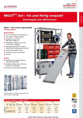 Stecksystem
                                                                                                                                          Sets mit Kreuzstrebe




                               plus
MULTI                                  -Set–Fixundfertigverpackt




                                                                                                                                                                      Stecksystem
                                                     Steckregale zum Mitnehmen


MULTIplus-Set in Folie eingeschweißt
einseitig nutzbar




                                                                                                                                                                      Schraubsystem
Eigenschaften
n  itvormontiertenT-Profil-Rahmen
   m
n nkl.4
   i                                   Fachböden
n  rhältlichindenTiefen
   e
   400,500und600mm
n  achbödenimRastervon25mm
   F
   inderHöheverstellbar
n ndividuellerweiterbarmitdem
   i




                                                                                                                                                                      Büroregale
   ZubehördesStecksystemsabSeite62
n maschinellverpacktinFolie
n AussteifungdurchKreuzstrebe
n verzinkt

Nutzen
n  bholbereit,dalagervorrätigim
   a




                                                                                                                                                                      Weitspannregale
   SCHULTE-Fachhandel
n schnellerAufbaudurchein aches
                             f
   SteckenderFachböden
n einfache,werkzeugfreieMontage




                                                                                                                                                                      Palettenregale
                                                                                                                                                                      Kragarmregale




VerkaufsständervonSCHULTELagertechnikals
PointofSaleimFachhandel.



Fachbreite 1.000 mm · Fachlast 150 kg
                            Tiefe mm                 400                             500                              600

           Höhe    Feldlast Fach-
                                                                                                                                                                      Regalanlagen  Bühnen




                                        Grundregal         Anbauregal   Grundregal         Anbauregal    Grundregal          Anbauregal
           mm      Tonnen böden

                                        12740-4            12745-4      12750-4            12755-4      12760-4             12765-4
           2.000    1,3 t       4
verzinkt




                                        110,00 €           80,00 €      120,00 €           86,00 €      130,00 €            93,00 €

                                         12759             12759         12758             12758        12758-60            12758-60
            Zusatzböden 2er Pack
           mit8Fachbodenträgern       24,00 €            24,00 €      27,50 €            27,50 €      31,00 €             31,00 €



                                                                                                                                                                 33
                                                                 Telefon 06201 6900 950 Telefax 06201 6900 952
 