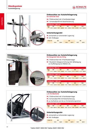 Stecksystem
                   Autoteilelagerung



                                                            Einbausätze zur Autoteilelagerung
                                                            für stehende Teile
Stecksystem




                                                            n 2Tiefenwinkelinkl.4Fachbodenträger
                                                            n 1UniversalprofilmitRutschsicherung

                                                             Fachbreite 1.000 mm
                                                             Tiefe       400              500         600                 800             1.000
                                                              mm
                                                                     14070 33,29 € 14071 34,30 € 14072 35,95 € 14073 37,79 € 14074 39,43 €




                                                            Unterteilungsrohr
                                                            n ummanteltzurschonendenLagerung
                                                            n inkl.Endkappe
                                                             Länge mm               300                    400                          500
                                                                            14045         4,28 €   14046         4,97 €         14047         5,64 €




                                                            Einbausätze zur Autoteilelagerung
                                                            für hängende Teile bis 50 kg
                                                            n 2Tiefenwinkelinkl.4Fachbodenträger
                                                            n  Rundrohr-Hängevorrichtunginkl.Befestigung
                                                               1
                                                               zurAufhängungvonMattenetc.

                                                             Fachbreite 750 mm
                                                             Tiefe       400              500         600                 800             1.000
                                                              mm
                                                                     14113 12,90 € 14114 13,93 € 14118 15,57 € 14119 17,41 € 14120 19,05 €


                                                             Fachbreite 1.000 mm
                                                             Tiefe       400              500         600                 800             1.000
                                                              mm
                                                                     14121 13,93 € 14122 14,95 € 14123 16,59 € 14124 18,43 € 14125 20,07 €


                                                             Fachbreite 1.300 mm
                                                             Tiefe       400              500         600                 800             1.000
                                                              mm
                                                                     14126 15,15 € 14127 16,18 € 14128 17,82 € 14129 19,67 € 14131 21,30 €




                                                            Einbausätze zur Autoteilelagerung
                                                            z. B. für Blechteile
                                                            n 2Tiefenwinkelinkl.4Fachbodenträger
                                                            n 2UniversalprofilemitRutschsicherung
                                                            n zurAufnahmevonbiszu9Unterteilungsrohren
                                                             Fachbreite 1.000 mm
                                                             Tiefe       400              500         600                 800             1.000
                                                              mm
                                                                     14040 58,47 € 14041 59,50 € 14042 61,14 € 14043 62,99 € 14044 64,62 €




                                                            Unterteilungsrohr
                                                            n ummanteltzurschonendenLagerung
                                                            n inkl.Endkappe
                                                             Länge mm               300                    400                          500
                                                                            14045         4,28 €   14046         4,97 €         14047         5,64 €




              48
                                       Telefon 06201 6900 950 Telefax 06201 6900 952
 