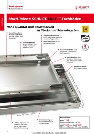 Stecksystem
                   Multiplus-Fachböden




                   Multi-Talent:SCHULTE                                                               -Fachböden
Stecksystem




              HoheQualitätundBelastbarkeit
              inSteck-undSchraubsystem
              n Umweltfreundliche
                 
                 Verbindungstechnik:
                                                                        n Zusätzliche Aussteifung
                 Durchsetzfügenstatt
                                                                           durchMaterialverdopplung
                 Schweißen
                                                                           andenAuflagekanten
                                                                        n Einfaches Steckenindie
                                    n Optimierte Kasten-
                                                                           Fachbodenhalter
                                      formerhöhtdieTrag-
                                      kraftjeFachboden
                                      umbiszu25%
                                                                                                n Maximale Stabilität durch
                                                                                                   FührendesKastenprofils
                                                                                                   bisindieEcken

                                                                                                             n Hohe Stabilität durch
                                                                                                                dreifacheAbkantung
                                                                                                                desMaterialsinTiefen-
                                                                                                                richtung

                                                                                                                          n  ransportsicherung
                                                                                                                             T
                                                                                                                             durchStapelnocken
                                                                                                                  Tie
                                                                                                                    enf
                                                                                                                     :3
                                                                                                                          00
                                                                                                                          /4
                                                                                                                           00
                                                                                                                               /5
                                                                                                                                 00
                                                                                                                                    /
                                                                                                                                   60
                                                                                                                                      0/
                                                                                                                                         80
                                                                                                                                          0/
                                                                                                                                              1
                                                                                                                                            .00
                                                                                                                                               0m
                                                                                                                                                   m

                                                                                                                                                       mm
                                                                                                                                                       40
                                                                                                                                                       /
                                                                                                                                                   25




                                                         00mm
                                           /1.000/1.3
                               Breiten:750
                                                                                                       Kantenhöhen:
                                                                   n  narrenlochungzur
                                                                      K                                           
                                                                      leichtenMontageim
                       n Leichtes Anpassen des                                                       25mmmitFachlast150kg
                                                                      Schraubsystem
                          ZubehörswieTrenn-                                                                     und
                          blecheoder-bügel
                                                                                                       40mmmitFachlast250kgund330kg
                          durchSystemlochung

              58
                                                            Telefon 06201 6900 950 Telefax 06201 6900 952
 