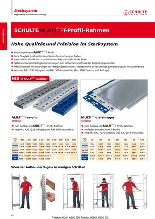 Stecksystem
                   Regalteile Grundausstattung




                   SCHULTE                                                     -T-Profil-Rahmen
Stecksystem




              HoheQualitätundPräzisionimStecksystem
              n Neuesoptimiertes                         -T-Profil
              n hoheTraglastdurchoptimierteKastenformmitengenRadien
              n  aximaleStabilitätdurchumbördeltenStegmitzusätzlicherSicke
                 m
              n  ystemlochungmitLängenmarkierungenzumeinfachenAnschlussderSystemkomponenten
                 S
              n  rfüllthöchsteAnforderungenanFertigungstoleranzen,insbesondereanParallelität,BombierungundTorsionsfreiheit
                 e
              n  erzinkt,RAL7035lichtgrauundRAL5010enzianblau(RAL3000feuerrotaufAnfrage)
                 v


              NEU          inMULTi
                                           plus
                                               -Qualität!




                                   -T-Profil                                                                              -Tiefenriegel
              steckbar                                                                               steckbar
              n zumAufbauvon                            -T-Profil-Rahmen                         n zumAufbauvon                       -T-Profil-Rahmen
              n  erzinkt,RAL7035lichtgrauundRAL5010enzianblau
                 v                                                                                   n einfachesSteckenindieT-Profile
                                                                                                     n  erzinkt,RAL7035lichtgrauundRAL5010enzianblau
                                                                                                        v

                Höhe                                                                                  Tiefe
                          1.800    2.000    2.300   2.500   3.000   3.500   4.000   4.500   5.000                 300        350      400      500      600      800      1.000
                mm                                                                                     mm
                          15218    15220    15223   15225   15230   15235   15240   15245   15250                15263      15261    15264    15265    15266    15268    15270
               verzinkt                                                                              verzinkt
                          9,90 €   11,00 € 12,77 € 13,87 € 17,32 € 20,23 € 23,11 € 26,14 € 29,05 €               2,62 €     2,86 €   3,04 €   3,44 €   3,83 €   4,81 €   6,29 €

               RAL 7035 35218 35220 35223 35225 35230 35235 35240 35245 35250                        RAL 7035    35263      35261    35264    35265    35266    35268    35270
               lichtgrau 11,92 € 13,21 € 15,32 € 16,66 € 21,10 € 24,17 € 28,15 € 31,50 € 35,34 €     lichtgrau   3,66 €     3,83 €   3,94 €   4,44 €   4,86 €   5,83 €   6,79 €

               RAL 5010 35218-B 35220-B 35223-B 35225-B 35230-B                                      RAL 5010    35263-
                                                                                                                     B     35261-
                                                                                                                               B     35264-
                                                                                                                                         B    35265-
                                                                                                                                                  B    35266-
                                                                                                                                                           B    35268-
                                                                                                                                                                    B    35270-
                                                                                                                                                                             B
                 blau   11,92 € 13,21 € 15,32 € 16,66 € 21,10 €                                        blau      3,66 €     3,83 €   3,94 €   4,44 €   4,86 €   5,83 €   6,79 €




              Schneller Aufbau der Regale in wenigen Schritten




              60
                                                                    Telefon 06201 6900 950 Telefax 06201 6900 952
 