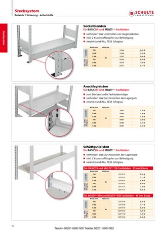 Stecksystem
                   Zubehör / Sicherung · Arbeitshilfe



                                                                             Sockelblenden
                                                                             für BASiC70- und MULTiplus-Fachböden
Stecksystem




                                                                             n verhindertdasUnterrollenvonGegenständen
                                                                             n inkl.2KunststoffstopfenzurBefestigung
                                                                             n verzinktundRAL7035lichtgrau

                                                                                           Breite mm   Höhe mm
                                                                                              750                 12564       6,45 €




                                                                                verzinkt
                                                                                             1.000                12566       7,43 €
                                                                                             1.300                12567       9,66 €
                                                                                                         90
                                                                                              750                 32554       6,69 €




                                                                              RAL 7035
                                                                              lichtgrau
                                                                                             1.000                32556       7,49 €
                                                                                             1.300                32557       9,73 €




                                                                             Anschlagleisten
                                                                             für BASiC70- und MULTiplus-Fachböden
                                                                             n zumSteckenindieFachbodenträger
                                                                             n verhindertdasDurchrutschendesLagerguts
                                                                             n verzinktundRAL7035lichtgrau

                                                                                           Breite mm   Höhe mm
                                                                                              750                 10491       1,76 €
                                                                                verzinkt




                                                                                             1.000                10490       1,88 €
                                                                                             1.300                10497       2,44 €
                                                                                                         55
                                                                                              750                 30481       2,00 €
                                                                              RAL 7035
                                                                              lichtgrau




                                                                                             1.000                30480       2,24 €
                                                                                             1.300                30487       2,94 €




                                                                             Schüttgutleisten
                                                                             für BASiC70- und MULTiplus-Fachböden
                                                                             n verhindertdasDurchrutschenderLagerware
                                                                             n inkl.2KunststoffstopfenzurBefestigung
                                                                             n verzinktundRAL7035lichtgrau

                                                                              für BASiC70 und MULTiplus150 Fachböden · 25 mm Kante
                                                                                           Breite mm   Höhe mm
                                                                                              750                12572-25     6,45 €
                                                                                verzinkt




                                                                                             1.000               12573-25     7,11 €
                                                                                             1.300               12574-25     9,30 €
                                                                                                         90
                                                                                              750                32570-25     6,69 €
                                                                              RAL 7035
                                                                              lichtgrau




                                                                                             1.000               32571-25     7,49 €
                                                                                             1.300               32575-25     9,66 €


                                                                              für MULTiplus250 und MULTiplus330 Fachböden · 40 mm Kante
                                                                                           Breite mm   Höhe mm
                                                                                              750                12572-40     6,45 €
                                                                                verzinkt




                                                                                             1.000               12573-40     7,11 €
                                                                                             1.300               12574-40     9,30 €
                                                                                                         90
                                                                                              750                32570-40     6,69 €
                                                                              RAL 7035
                                                                              lichtgrau




                                                                                             1.000               32571-40     7,49 €
                                                                                             1.300               32575-40     9,66 €




              70
                                                        Telefon 06201 6900 950 Telefax 06201 6900 952
 