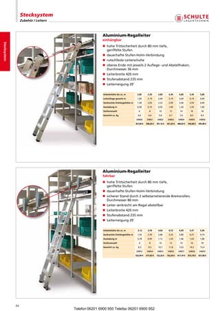 Stecksystem
                   Zubehör / Leitern



                                                       Aluminium-Regalleiter
                                                       einhängbar
Stecksystem




                                                       n  oheTrittsicherheitdurch80mmtiefe,
                                                          h
                                                          geriffelteStufen
                                                       n dauerhafteStufen-Holm-Verbindung
                                                       n rutschfesteLeiterschuhe
                                                       n  beresEndemitjeweils2Auflege-undAbstell aken,
                                                          o                                              h
                                                          Durchmesser36mm
                                                       n Leiterbreite420mm
                                                       n Stufenabstand235mm
                                                       n Leiterneigung20˚

                                                       Arbeitshöhe bis ca. m        2,80       3,30       3,80       4,30       4,80       5,30       5,80
                                                       Leiterlänge gesamt m         1,69       2,19       2,69       3,19       3,69       4,19       4,69
                                                       Senkrechte Einhängehöhe m    1,58       2,05       2,52       2,99       3,46       3,93       4,40
                                                       Ausladung m                  0,58       0,75       0,92       1,09       1,26       1,43       1,60
                                                       Stufenanzahl                   6          8         10         12         14         16         18
                                                       Gewicht ca. kg                4,0        4,6        5,8        6,7        7,6        8,5        9,4
                                                                                   34800      34801      34802      34803      34804      34805      34806
                                                                                   301,84 €   346,50 €   391,16 €   431,20 €   486,64 €   542,08 €   595,98 €




                                                       Aluminium-Regalleiter
                                                       fahrbar
                                                       n  oheTrittsicherheitdurch80mmtiefe,
                                                          h
                                                          geriffelteStufen
                                                       n dauerhafteStufen-Holm-Verbindung
                                                       n  ichererStanddurch2selbstarretierendeBremsrollen,
                                                          s
                                                          Durchmesser80mm
                                                       n  eitersenkrechtamRegalabstellbar
                                                          L
                                                       n Leiterbreite420mm
                                                       n Stufenabstand235mm
                                                       n Leiterneigung20˚

                                                       Arbeitshöhe bis ca. m         3,12      3,59       4,06       4,53       4,99       5,47       5,94
                                                       Senkrechte Einhängehöhe m     1,92      2,39       2,86       3,33       3,80       4,27       4,74
                                                       Ausladung m                   0,78      0,95       1,12       1,29       1,46       1,63       1,80
                                                       Stufenanzahl                   6          8         10         12         14         16         18
                                                       Gewicht ca. kg                8,3        9,5       10,7       11,8       13,0       14,2       15,4
                                                                                   34853      34854      34855      34856      34857      34858      34859
                                                                                   632,94 €   677,60 €   722,26 €   762,30 €   817,74 €   873,18 €   927,08 €




              84
                                       Telefon 06201 6900 950 Telefax 06201 6900 952
 