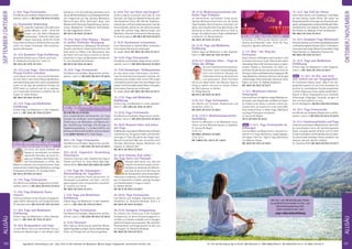 Tel. Info und Anmeldung tägl. 8-20 Uhr: BM 05234 / 87-0 · WW 02685 / 80 02-0 · NO 04426 / 90 41 61-0 · AL 08361 / 92 53 0-0Tagesablauf, Seminarbeginn und – ende: Seite 16. Alle Seminare mit Meditation, Mantra-Singen, Yogastunden. Seminarleiter ab Seite 163.
ALLGÄU
160
OKTOBER / NOVEMBER
SEP TEMBER / OKTOBER
5.-10.9. Yoga Ferienwoche
Eine Woche zum Aufladen, Regenerieren und Ver-
wöhnen. Siehe S. 6. MZ 329 €; DZ 415 €; EZ 503 €
8.9. Sivanandas Geburtstag
LassedichinspirierenvomLebeneines
großen Meisters. 12:00 - 20:00 Uhr
Singen von „Om Namo Bhagavate
Sivanandaya“, 19:00 Uhr Video über
Swami Sivananda. 20:00 Uhr Große
Puja (indisches Ritual) und Geschichten aus dem
Leben von Swami Sivananda. Alles kostenlos.
Spende willkommen.
10.-12.9. Kundalini Yoga Einführung
Gründliche Einführung in Theorie und Praxis.
SL: Nilakantha Christian Enz. Siehe S. 9.
MZ 147 €; DZ 179 €; EZ 215 €
10.-12.9. Luna Yoga - Dem weiblichen
Prinzip Freiheit schenken
Luna Yoga ist eine liebe- und lustvolle Heilweise,
die dich tiefer in die inneren Räume des Beckens,
somitdesUnbewusstenführt.Sanftundspielerisch
locken wir die Saat des weiblichen Prinzips, die
JETZT bereit ist, kraftvoll und frei zu wachsen,
um in natürlicher Schönheit zu erblühen. Nur für
Frauen. SL: Heike Steinert.
MZ 180 €; DZ 216 €; EZ 251 €
10.-12.9. Yoga und Meditation
Einführung
Erfahre Yoga und Meditation in allen Aspekten.
Siehe S. 5. MZ 138 €; DZ 170 €; EZ 207 €
12.-17.9. Selbstreflexion und psycho-
logische Arbeit mit Hatha Yoga
Du lernst, die starke Symbolik der
Asanas zu entschlüsseln. Du erhältst
machtvolle Techniken, um durch Zu-
gang zur Intelligenz des Körpers bes-
sere Entscheidungen zu treffen, alte
Muster zu erkennen und umzustrukturieren. Gute
VorkenntnisseinHathaYoga,MeditationundYoga
Philosophie erforderlich. SL: Shivakami Bretz.
MZ 391 €; DZ 476 €; EZ 563 €
12.-17.9. Yoga Ferienwoche
Eine Woche zum Aufladen, Regenerieren und Ver-
wöhnen. Siehe S. 6. MZ 329 €; DZ 415 €; EZ 503 €
17.-19.9. Yoga Bodywork Asana
intensiv
Intensives Arbeiten an den Asanas mit gegensei-
tigem Helfen. Mittelstufe und Fortgeschrittene.
SL: Kamala Lubina. MZ 147 €; DZ 179 €; EZ 215 €
17.-19.9. Yoga und Meditation
Einführung
Erfahre Yoga und Meditation in allen Aspekten.
Siehe S. 5. MZ 138 €; DZ 170 €; EZ 207 €
19.-24.9. Bergwandern und Yoga
Je nach Wetter und Lust unternehmen wir aus-
sichtsreiche Wanderungen in den Bergen (reine
Gehzeit ca. 3-5h, 300-500 Hm) und kühlen uns im
Seeab.MitGehmeditationundSchweigeeinheiten.
Eine Yogastunde pro Tag, Satsang, Meditation,
Mantra-Singen. Bitte mitbringen: Berg- oder
Wanderstiefel,Rucksack,Regenkleidung,Sonnen-
schutz, Badesachen, Trinkflasche, Brotzeitdose.
SL: Gabi Jagadishvari Dörrer.
MZ 391 €; DZ 476 €; EZ 563 €
19.-24.9. Inner Flow Vinyasa - Asanas
in sanfter fließender Bewegung
„Vinyasa“bedeutetu.a.„Bewegung“.Dieintensiven
Stunden sind wie ein ruhiger kraftvoller Fluss. Die
Kraft weiter zu fließen in der Bewusstheit, dass
der Tänzer nicht vom Tanz zu trennen ist. Grund-
kenntnisse in Yoga und Meditation erforderlich.
SL: Vera Kamalatmika Pelkonen.
MZ 391 €; DZ 476 €; EZ 563 €
19.-24.9. Yoga Ferienwoche
Eine Woche zum Aufladen, Regenerieren und Ver-
wöhnen. Siehe S. 6. MZ 329 €; DZ 415 €; EZ 503 €
25.9. Tag der offenen Tür Haus Yoga
Vidya Allgäu
Ab 9:00 Uhr bis 21:00 Uhr.
Zum unverbindlichen Kennenlernen, mit Yoga
Stunden für Anfänger und Fortgeschrittene,
Einführung in die Meditation und Mantra-Sin-
gen, Hausführung, Vorträge, Info-Vortrag zur
Yogalehrerausbildung, 2 x Vollwert-Buffet und
Verlosung. Alles kostenlos! Bitte vorher anmelden
unter 08361-92 53 0-0. SL: Team Allgäu.
26.9.-1.10. Yoga Ferienwoche
Eine Woche zum Aufladen, Regenerieren und Ver-
wöhnen. Siehe S. 6. MZ 329 €; DZ 415 €; EZ 503 €
26.9.-24.10. Yogalehrer Ausbildung
Intensivkurs
Intensives Training in allen Aspekten des Yoga in
Theorie und Praxis. SL: Savitri Retat, Gabi Jaga-
dishvariDörrer.MZ2.455 €;DZ2.929 €;EZ3.420 €
1.-3.10. Yoga für Schwangere -
Weiterbildung für Yogalehrer
Du lernst geeignete Asana-Variationen für
Schwangere auszuwählen und Atem- und Ent-
spannungstechniken entsprechend anzuleiten.
SL: Susanne von Somm.
MZ 180 €; DZ 216 €; EZ 251 €
1.-3.10. Yoga und Meditation
Einführung
Erfahre Yoga und Meditation in allen Aspekten.
Siehe S. 5. MZ 138 €; DZ 170 €; EZ 207 €
3.-8.10. Yoga Ferienwoche
Eine Woche zum Aufladen, Regenerieren und Ver-
wöhnen. Siehe S. 6. MZ 329 €; DZ 415 €; EZ 503 €
6.-15.10. Navaratri
Neun Tage zur Verehrung der göttlichen Mutter.
TäglichPuja,Mantra-Singen,HomaundKarmaYoga.
Preise: auf Anfrage bzw. auf Karma Yoga Basis.
8.-10.10. Frei von Stress und Sorgen!?
Andrey Lobanov (russischer Arzt) gibt dir viele
Übungen und Tipps zur Wiederherstellung nach
überstandenem Stress: Mit Hilfe der Yogathera-
piemethode und Psychoselbstregulation nach der
Autormethodik, welche von ihm selbst entwickelt
wurde. Mit sanftem Yoga, Mantra-Singen und
Meditation. Russisch mit deutscher Übersetzung.
SL: Andrey Lobanov. MZ 180 €; DZ 216 €; EZ 251 €
8.-10.10. Harmonium Lernseminar
Lerne Harmonium zu spielen! Wenn vorhanden,
bitte eigenes Harmonium mitbringen.
SL: Jürgen Wade. MZ 180 €; DZ 216 €; EZ 251 €
10.-15.10. Yoga Ferienwoche
Eine Woche zum Aufladen, Regenerieren und Ver-
wöhnen. Siehe S. 6. MZ 329 €; DZ 415 €; EZ 503 €
15.-17.10.Harmonium - Aufbauseminar
Du hast deine ersten Erfahrungen und Kennt-
nisse mit dem Harmoniumspielen erworben und
möchtest jetzt einfach mehr lernen? Wir singen
und begleiten gemeinsam viele neue Bhajans und
werdenvielFreudedabeihaben!Wennvorhanden,
bitte eigenes Harmonium mitbringen.
SL: Jürgen Wade. MZ 180 €; DZ 216 €; EZ 251 €
15.-17.10. Yoga und Meditation
Einführung
Erfahre Yoga und Meditation in allen Aspekten.
Siehe S. 5. MZ 138 €; DZ 170 €; EZ 207 €
17.-22.10. Yoga Ferienwoche
Eine Woche zum Aufladen, Regenerieren und Ver-
wöhnen. Siehe S. 6. MZ 329 €; DZ 415 €; EZ 503 €
24.-29.10. Bewusst leben und lieben
mit Yoga
EntdeckedieursprünglicheWeisheitdeinesKörpers
und Geistes neu. Bringe dein Leben und deine Be-
ziehungen in Fluss. Wir gehen den Fragen nach:
Was will ich wirklich? Wer kann ich wirklich sein?
Vorträge, Workshops, Asanas, Meditation und
Satsang. SL: Gabriele Hörl.
MZ 391 €; DZ 476 €; EZ 563 €
24.-29.10. Erkenne dich selbst -
das Yoga Sutra von Patanjali
Patanjali geht davon aus, dass die
Ursache von Verwicklungen und Un-
klarheiten im Verkennen der Wirklich-
keit liegt. Du lernst mit Techniken aus
der Gestaltarbeit, deine direkte Wahr-
nehmung zu verbessern, mit Achtsamkeitsübun-
gen im Augenblick zu bleiben, geistige Konzepte
und Glaubenssätze in Frage zu stellen.
SL: Michael Büchel.
MZ 391 €; DZ 476 €; EZ 563 €
24.-29.10. Yoga Ferienwoche
Eine Woche zum Aufladen, Regenerieren und
Verwöhnen. SL: Roswitha Breitkopf. Siehe S. 6.
MZ 329 €; DZ 415 €; EZ 503 €
29.-31.10. Autogene Entspannung
Du erhältst eine Einführung in die Autogene
Entspannung, um deine Entspannungspraxis zu
vertiefen, zu erweitern und/oder auch in Gruppen
geführte Entspannung anzubieten. Mit einfachen
Phantasiereisen und Imaginationen für dich und
für Gruppen. SL: Roswitha Breitkopf.
MZ 180 €; DZ 216 €; EZ 251 €
29.-31.10. Meditationstechniken der
Hatha Yoga Pradipika
um Kennenlernen und Anleiten: Einige grund-
legende Meditationstechniken aus der Hatha
Yoga Pradipika. Diese Techniken orientieren sich
daran, den energetischen Fluss (das Prana) in die
Sushumna zu leiten und den Geist zur Ruhe zu
bringen. Grundkenntnisse in Yoga und Meditation
erforderlich. SL: Michael Büchel.
MZ 180 €; DZ 216 €; EZ 251 €
29.-31.10. Yoga und Meditation
Einführung
Erfahre Yoga und Meditation in allen Aspekten.
Siehe S. 5. MZ 138 €; DZ 170 €; EZ 207 €
31.10.-5.11. Achtsam leben - Yoga im
Chaos des Alltags
Du wirst traditionelle Achtsamkeits-
techniken sowie theaterpädagogi-
sche und interaktive Übungen zur
Selbstwahrnehmung kennenlernen
und praktizieren. Diese Techniken
können dir dabei helfen, den Weg des Yoga im
Alltag zu gehen und auch im bunten Treiben
der Welt bewusst zu bleiben.
SL: Philipp Beuchel.
MZ 391 €; DZ 476 €; EZ 563 €
31.10.-5.11. Yoga Ferienwoche
Eine Woche zum Aufladen, Regenerieren und
Verwöhnen. Siehe S. 6.
MZ 329 €; DZ 415 €; EZ 503 €
31.10.-7./12.11. Meditationskursleiter
Ausbildung
Erlerne es, Menschen in die Meditation einzu-
führen und ihre Meditationspraxis zu begleiten.
SL: Karuna M. Wapke
31.10.-7.11.:
MZ 698 €; DZ 816 €; EZ 938 €
31.10.-12.11.:
MZ 1.089 €; DZ 1.291 €; EZ 1.502 €
4.11. Diwali - das Fest des Lichts
Lichterfest zur Öffnung des Herzens und Ent-
faltung allumfassender Liebe. 20:00 Uhr Puja.
Kostenlos. Spenden willkommen.
5.-7.11. Mut - der Weg des
Vertrauens
Angst,Schmerz,HilflosigkeitundFrustration–wird
eine dieser Emotionen zuviel, fühlst du dich davon
überwältigt.MutheißtnichtkeineAngstzuhaben,
sondern Ängste zu überwinden. Du stellst ver-
schiedeneSituationendarundversuchst,ihnenmit
Vertrauen,LiebeundGelassenheitzubegegnen.Mit
Yoga,Meditation,Katharsis,SharinginderGruppe
undVorträgen.Bittemitbringen:Handtuch,Schal,
Papier und Stifte. SL: Radhika Siegenbruk.
MZ 180 €; DZ 216 €; EZ 251 €
7.-12.11. Meditation Intensiv
Schweigend
IntensivseminarmittäglichenlangenMeditations-
sitzungen,zweiYogastundenundMantra-Singen.
Du findest zu dir selbst, zu deinem inneren spi-
rituellen Kern, du tauchst ein in die innere Welt.
Gute Vorkenntnisse in Hatha Yoga, Meditation
und Yoga Philosophie erforderlich.
SL: Karuna M. Wapke.
391 €; DZ 476 €; EZ 563 €
Neu 7.-12.11. Yoga Ferienwoche im
Schweigen
Zum Aufladen und Regenerieren. Lass dich ver-
wöhnen mit Yoga, Meditation, Spaziergängen,
Vorträgen, Stille etc. Täglich Yoga, Meditation
und Mantra-Singen.
MZ 329 €; DZ 415 €; EZ 503 €
12.-14.11. Das Feld der Ahnen
Durch Gene, Karma und Sozialisation unterliegen
wir dem Einfluss unserer Ahnen. Wir wollen mit
BiografiearbeitVerstrickungenderAhnenkraftauf-
spüren,dieSippenseeleunddamitalteWundenheilen.
Schamanische und vedische Rituale unterstützen
den Prozess. SL: Maharani Fritsch de Navarrete.
MZ 180 €; DZ 216 €; EZ 251 €
12.-14.11. Kundalini Yoga Mittelstufe
IntensivesSeminarzurErweiterungdesBewusstseins
undErweckungdeinerEnergie.SieheS.9.Teilnahme-
voraussetzung: Voriger Besuch eines anderen Yoga
Vidya Seminars. SL: Nilakantha Christian Enz.
MZ 180 €; DZ 216 €; EZ 251 €
12.-14.11. Yoga und Meditation
Einführung
Erfahre Yoga und Meditation in allen Aspekten.
Siehe S. 5. MZ 138 €; DZ 170 €; EZ 207 €
Neu 14.-19.11. Im Hier und Jetzt
sein, befreit von der Vergangenheit
Ein kosmisches Gesetz lautet: „Was in der Ver-
gangenheit passiert ist und nicht verarbeitet ist,
wird sich in verschiedenen Erscheinungsformen
in deiner Gegenwart immer wieder wiederholen.“
Räume in deiner Vergangenheit auf, verarbeite
Erfahrungen, Prägungen, Traumata, um ganz im
Hier und Jetzt glücklich zu sein.
SL:EricVisDieperink.MZ391 €;DZ476 €;EZ563 €
14.-19.11. Yoga Ferienwoche
Eine Woche zum Aufladen, Regenerieren und Ver-
wöhnen. Siehe S. 6. MZ 329 €; DZ 415 €; EZ 503 €
19.-21.11. Familienaufstellen und Yoga
Erlebe die wunderbaren Möglichkeiten, welche dir
die verschiedenen Arten der Aufstellungsarbeit
bieten und gehe danach befreiter und mit mehr
Freude,LeichtigkeitundVerständnisdurchsLeben.
Du kannst jedes beliebige Thema aufstellen und
schauen, was sich dahinter verbirgt.
SL: Chaitanya Pfaff. MZ 180 €; DZ 216 €; EZ 251 €
Alle Aus- und  Weiterbildungen findest
du ausführlich beschrieben im Aus- und
Weiterbildungskatalog 2021
(bitte anfordern) oder unter
yoga-vidya.de/ausbildung
ALLGÄU
161
 