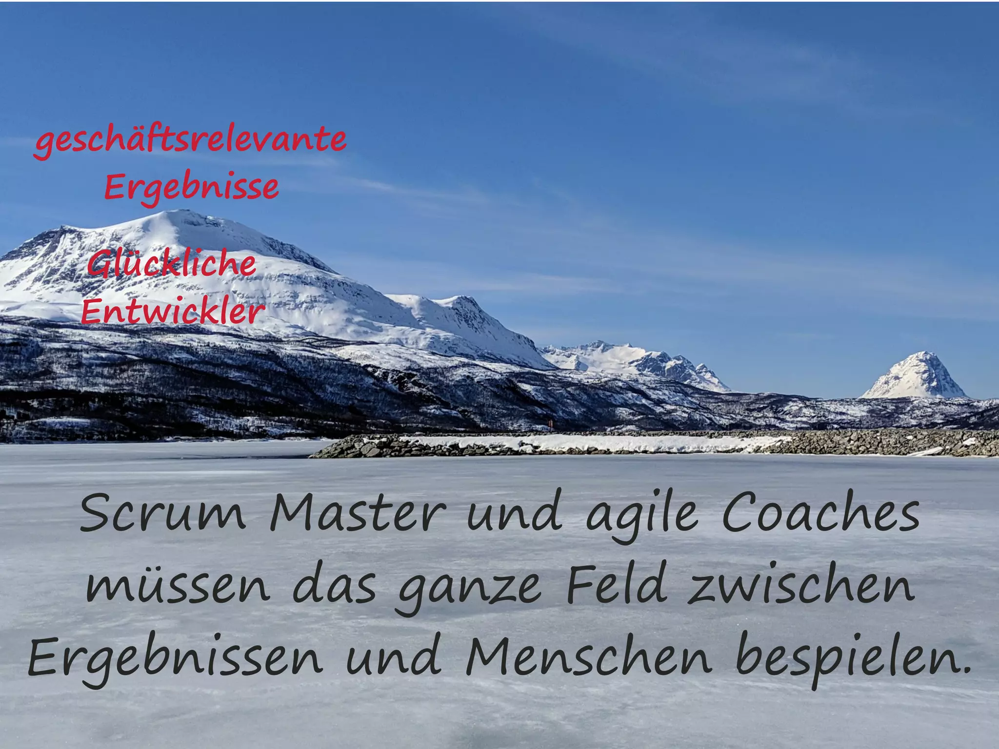 Glückliche  
Entwickler
geschäftsrelevante
Ergebnisse
Scrum Master und agile Coaches
müssen das ganze Feld zwischen
Ergebnissen und Menschen bespielen.
 