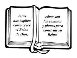 Jesús
nos explica
cómo crece
el Reino
de Dios,
cómo son
los caminos
y planes para
construir su
Reino.
 