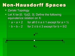 Non-Hausdorff Spaces Zariski Topology Let X be [0, 1]∪[2, 3]. Define the following equivalence relation on X: a ~ a + 2 for all 0 ≤ a ≤ 1 except for a = ½ b ~ b – 2  for 2 ≤ b ≤ 3 except for b = 5/2 [0] [1] 5/2 1/2 