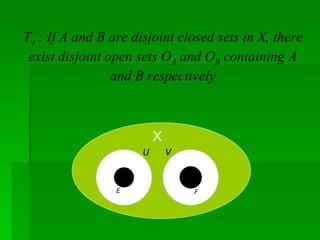T 4  : If A and B are disjoint closed sets in X, there exist disjoint open sets O A  and O B  containing A and B respectively X 