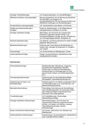 11 
Sonstige Transferleistungen z.B. Kostenerstattungen von Sozialhilfeträgern 
Öffentlich-rechtliche Leistungsentgelte Benutzungsgebühren (für die Benutzung öffentlicher 
Einrichtungen und Anlagen) und 
Verwaltungsgebühren (für die Inanspruchnahme von 
öffentlichen Leistungen und Amtshandlungen) 
Privatrechtliche Leistungsentgelte z.B. Verkaufserlöse sowie Mieten und Pachten 
Erträge aus Kostenerstattungen / 
Umlagen 
Ersatz für Aufwendungen. In der Regel liegt ein 
auftragsähnliches Verhältnis zu Grunde. 
Sonstige ordentliche Erträge Alle Erträge, die nicht einer der vorgenannten 
Positionen zugeordnet werden können; z.B. 
Konzessionsabgaben, Erträge aus der Veräußerung 
von Vermögensgegenständen, Bußgelder etc. 
Aktivierte Eigenleistungen z.B. Material- und Personalaufwand für selbst erstellte 
Gebäude, Maschinen etc. 
Bestandsveränderungen Erhöhung oder Verminderung des Bestandes an 
fertigen oder unfertigen Erzeugnissen im Vergleich 
zum Vorjahr 
Finanzerträge z.B. Gewinnanteile aus Beteiligungen, Zinsen 
Außerordentliche Erträge Erträge, die periodenfremd, betriebsfremd oder 
außergewöhnlich anfallen. 
Aufwendungen 
Personalaufwendungen Gehaltszahlungen (Besoldung, Vergütung, 
Sozialversicherungsbeiträge, Beihilfen, 
Zuführungen zu Pensions-rückstellungen, 
Aufwendungen für Rückstellungen für nicht 
genommenen Urlaub und Arbeitszeitguthaben 
etc.) 
Versorgungsaufwendungen Aufwendungen für ehemalige Beschäftigte 
(Ruhegelder, Hinterbliebenenbezüge etc.) 
Aufwendungen für Sach- und 
Dienstleistungen 
Aufwendungen für von Dritten empfangene Sach-und 
Dienstleistungen (z.B. Unterhaltungs- und 
Bewirtschaftungsaufwand) 
Bilanzielle Abschreibung Planmäßige Verminderung der Anschaffungs-oder 
Herstellungskosten von aktivierten Gütern 
des Anlagevermögens entsprechend ihrer 
Nutzungs- oder Leistungsdauer 
Transferleistungen z.B. Sozialleistungen, Kreisumlage, 
Gewerbesteuerumlage 
Sonstige ordentliche Aufwendungen Alle Aufwendungen, die nicht einer der 
vorgenannten Positionen zugeordnet werden 
können. z.B. Mieten und Pachten, Leasing, 
Geschäftsaufwendungen, Steuern, 
Versicherungen 
Zinsen und ähnliche Aufwendungen z.B. Zinsen, Übernahme von Verlusten aus 
Beteiligungen 
Außerordentliche Aufwendungen Aufwendungen, die periodenfremd, betriebsfremd 
oder außergewöhnlich anfallen 
 