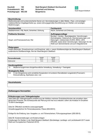 Haushalt: 100 Stadt Bergisch Gladbach Kernhaushalt 
Produktbereich: 002 Sicherheit und Ordnung 
Produktgruppe: 002.330 Bürgerbüros 
113 
Beschreibung 
Multifunktionale und kundenorientierte Dienst und -Serviceleistungen in allen Melde-, Pass- und sonstigen 
melderechtlichen Angelegenheiten pp. sowie ordnungsgemäße Durchführung von Wahlen und sonstigen 
Abstimmungen. 
Verantwortlich Fachbereich 
Stadtkämmerer, FBL Recht, Sicherheit, Ordnung Recht, Sicherheit und Ordnung 
Politische Gremien Auftragsgrundlage 
Haupt- und Finanzausschuss, Rat 
Bundes-, Landes-, Spezialgesetze, Verordnungen, 
Zentralregister, Datenschutz, Dienstanweisungen und 
Satzungen, insbesondere EUWG, BWG, LWG, 
KWahlG, sowie deren Verordnungen, Satzungen für die 
Wahl zum Seniorenbeirat und zum Integrationsrat 
Zielgruppen 
andere Behörden, Einwohnerinnen und Einwohner, aktiv u. passiv Wahlberechtigte der Stadt Bergisch Gladbach, 
ausländische Wahlberechtigte, Rat der Stadt Bergisch Gladbach 
Personaleinsatz Ansatz 
2014 
Ansatz 
2015 
Stellenanteil 19,83 18,83 
Handlungsfelder 
5 - Moderne bürgerinnen-/bürgerfreundliche Verwaltung, Verwaltung = Teamgeist 
Strategische Ziele 
5.6 In den Bürgerbüros wird verstärkte Kooperation mit anderen Dienstleistern angestrebt (Finanzamt, 
Kreisverwaltung, Sparkasse usw.). (a) 
Haushaltsziele 
Zielbezogene Kennzahlen 
Erläuterungen zum Teilergebnisplan 
Jede Zeile des Teilergebnisplans entsteht aus der Addition mehrerer Produktsachkonten der einzelnen oben 
genannten Produkte. Die Schwerpunkte der Planung sind hier kurz erläutert, sofern die Ansätze im Einzelnen 
10.000 € übersteigen. 
Zeile 04: Öffentlich-rechtliche Leistungsentgelte 
Verwaltungsgebühren für Personalausweise, Pässe (650.000 €). 
Erträge für die Erteilung, bzw. Ausgabe u.a. von Führerscheinen, Führungszeugnissen (200.000 €). 
Zeile 06: Kostenerstattungen und Kostenumlagen 
Erstattungen für Wahlen in der Stadt Bergisch Gladbach (Bundestags- Landtags- und Landratswahl 2017 sowie 
Wahl zum Europäischen Parlament 2019). 
 
