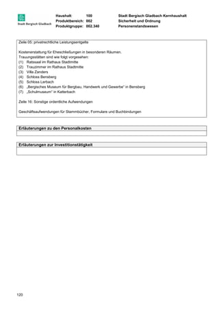 Haushalt: 100 Stadt Bergisch Gladbach Kernhaushalt 
Produktbereich: 002 Sicherheit und Ordnung 
Produktgruppe: 002.340 Personenstandswesen 
Zeile 05: privatrechtliche Leistungsentgelte 
Kostenerstattung für Eheschließungen in besonderen Räumen. 
Trauungsstätten sind wie folgt vorgesehen: 
(1) Ratssaal im Rathaus Stadtmitte 
(2) Trauzimmer im Rathaus Stadtmitte 
(3) Villa Zanders 
(4) Schloss Bensberg 
(5) Schloss Lerbach 
(6) „Bergisches Museum für Bergbau, Handwerk und Gewerbe“ in Bensberg 
(7) „Schulmuseum“ in Katterbach 
Zeile 16: Sonstige ordentliche Aufwendungen 
Geschäftsaufwendungen für Stammbücher, Formulare und Buchbindungen 
Erläuterungen zu den Personalkosten 
Erläuterungen zur Investitionstätigkeit 
120 
 
