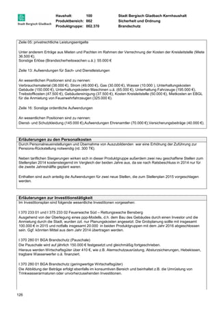 Haushalt: 100 Stadt Bergisch Gladbach Kernhaushalt 
Produktbereich: 002 Sicherheit und Ordnung 
Produktgruppe: 002.370 Brandschutz 
Zeile 05: privatrechtliche Leistungsentgelte 
Unter anderem Erträge aus Mieten und Pachten im Rahmen der Verrechnung der Kosten der Kreisleitstelle (Miete 
36.500 €). 
Sonstige Erlöse (Brandsicherheitswachen u.ä.): 55.000 € 
Zeile 13: Aufwendungen für Sach- und Dienstleistungen 
An wesentlichen Positionen sind zu nennen: 
Verbrauchsmaterial (38.000 €), Strom (49.000 €), Gas (30.000 €), Wasser (10.000 ), Unterhaltungskosten 
Gebäude (150.000 €), Unterhaltungskosten Maschinen u.ä. (65.000 €), Unterhaltung Fahrzeuge (195.000 €), 
Treibstoffkosten (47.500 €), Gebäudereinigung (37.500 €), Kosten Kreisleitstelle (50.000 €), Mietkosten an EBGL 
für die Anmietung von Feuerwehrfahrzeugen (325.000 €). 
Zeile 16: Sonstige ordentliche Aufwendungen 
An wesentlichen Positionen sind zu nennen: 
Dienst- und Schutzkleidung (145.000 €),Aufwendungen Ehrenamtler (70.000 €),Versicherungsbeiträge (40.000 €). 
Erläuterungen zu den Personalkosten 
Durch Personalneueinstellungen und Übernahme von Auszubildenden war eine Erhöhung der Zuführung zur 
Pensions-Rückstellung notwendig (rd. 300 T€). 
Neben tariflichen Steigerungen wirken sich in dieser Produktgruppe außerdem zwei neu geschaffene Stellen zum 
Stellenplan 2014 kostensteigernd im Vergleich der beiden Jahre aus, da sie nach Ratsbeschluss in 2014 nur für 
die zweite Jahreshälfte geplant waren. 
Enthalten sind auch anteilig die Aufwendungen für zwei neue Stellen, die zum Stellenplan 2015 vorgeschlagen 
werden. 
Erläuterungen zur Investitionstätigkeit 
Im Investitionsplan sind folgende wesentliche Investitionen vorgesehen: 
I 370 233 01 und I 375 233 02 Feuerwache Süd – Rettungswache Bensberg 
Ausgehend von der Überlegung eines ppp-Modells, d.h. dem Bau des Gebäudes durch einen Investor und die 
Anmietung durch die Stadt, wurden zzt. nur Planungskosten angesetzt. Die Grobplanung sollte mit insgesamt 
100.000 € in 2015 und notfalls insgesamt 20.000 in beiden Produktgruppen mit dem Jahr 2016 abgeschlossen 
sein. Ggf. könnten Mittel aus dem Jahr 2014 übertragen werden. 
I 370 280 01 BGA Brandschutz (Pauschale) 
Die Pauschale wird auf jährlich 150.000 € festgesetzt und gleichmäßig fortgeschrieben. 
Hieraus werden Wirtschaftsgüter über 410 €, wie z.B. Atemschutzausrüstung, Absturzsicherungen, Hebekissen, 
tragbare Wasserwerfer o.ä. finanziert. 
I 370 280 01 BGA Brandschutz (geringwertige Wirtschaftsgüter) 
Die Abbildung der Beträge erfolgt ebenfalls im konsumtiven Bereich und beinhaltet z.B. die Umrüstung von 
Trinkwasserarmaturen oder unvorherzusehenden Investitionen. 
126 
 