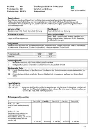 Haushalt: 100 Stadt Bergisch Gladbach Kernhaushalt 
Produktbereich: 002 Sicherheit und Ordnung 
Produktgruppe: 002.375 Rettungsdienst 
133 
Beschreibung 
Durchführung sämtlicher Maßnahmen zur Sicherstellung des bedarfsgerechten, flächendeckenden 
Rettungsdienstes (Notfallrettung und Interhospitaltransport mit und ohne Notarzt, Krankentransporte) 
einschließlich der Einsatzplanung von, Gefahrenabwehr und Einsatzleitung bei großen rettungsdienstlichen 
Schadensereignissen. 
Verantwortlich Fachbereich 
Stadtkämmerer, FBL Recht, Sicherheit, Ordnung Recht, Sicherheit und Ordnung 
Politische Gremien Auftragsgrundlage 
Haupt- und Finanzausschuss 
RettG NRW, Verordnungen, Erlasse, Leitlinien, UVV, 
Rettungsbedarfsplan, Weisungen ÄLRD, Satzungen 
und Entgeltordnungen 
Zielgruppen 
Bevölkerung, Krankenhäuser, soziale Einrichtungen, Altenwohnheime, Objekte mit hohem Risiko (Unternehmen, 
Krankenhäuser, Pflegeheime, Schulen, Kindergärten), Hilfsorganisationen, Polizei, RBK 
Personaleinsatz Ansatz 
2014 
Ansatz 
2015 
Stellenanteil 54,73 55,73 
Handlungsfelder 
1 - Haushaltskonsolidierung, Kommunale Haushaltswirtschaft 
3 - Stadtgestaltung, Wohn- und Lebensqualität, Sicherheit, Sauberkeit, Umwelt 
Strategische Ziele 
1.5 Für die Gebühren liegen in allen Bereichen zum Zwecke der Kostentransparenz Kostenkalkulationen vor. 
(HSK) 
3.2 Einheimische und Gäste empfinden Bergisch Gladbach als eine saubere, gepflegte und sichere Stadt. 
(HSK) 
Haushaltsziele 
HSK 3.375.1 und 
HSK 3.375.11: Änderung der öffentlich-rechtlichen Vereinbarung betreffend der Kreisleitstelle zwischen der 
Stadt und dem Rheinisch-Bergischen Kreis mit dem Ziel einer anderen Kostenverteilung zu 
Gunsten der Stadt. HSK 3.375.1 gestrichen 
Zielbezogene Kennzahlen 
Plan 2014 Plan 2015 Plan 2016 Plan 2017 Plan 2018 
HSK3.375.11a) 
In Kraft treten der Vereinbarung 
zum 
HSK3.375.11b) 
Reduzierung des städtischen 
Anteils an den Kosten der 
Kreisleitstelle. Betrag, um den der 
städtische Aufwand reduziert 
werden soll. 
€ 200.000 € 200.000 € 200.000 € 200.000 € 200.000 
 