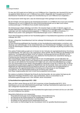 14 
Für das Jahr 2015 ergibt sich ein Defizit von rund 18 Millionen Euro. Gegenüber dem Haushalt 2014 hat sich 
das geplante Defizit damit um rund 1,5 Millionen Euro erhöht. (Gegenüber der Finanzplanung für 2015 im 
beschlossenen Haushalt 2014 ist sogar eine Verschlechterung von rund 4 Millionen Euro eingetreten.) 
Die Hauptursache hierfür liegt darin, dass die Aufwendungen höher gestiegen sind als die Erträge. 
Bei den Erträgen wird eine Senkung des Gewerbesteueransatzes um 2,9 Millionen Euro durch eine erwartete 
Verbesserung von rund 3,2 Millionen Euro beim Einkommensteueranteil und vor allem durch höhere 
Landeszuweisungen (+7,6 Millionen Euro) deutlich überkompensiert. 
Die Aufwendungen steigen allerdings noch höher. Die Ursachen liegen vor allem im Bereich Jugend und 
Soziales (Mehraufwand rund 4,8 Millionen Euro, davon Zuschüsse an Kindertagesstätten +2,0 Millionen Euro, 
Leistungen nach dem Asylbewerberleistungsgesetz +1,7 Millionen Euro und Hilfe zur Erziehung +1,1 
Millionen Euro) sowie in den gestiegenen Personalaufwendungen (rund 4,1 Millionen Euro). 
Durch diese Entwicklung schiebt sich der Haushaltsausgleich im Haushaltssicherungszeitraum auf das letzte 
zulässige Jahr 2022. 
Mit dem vorliegenden Haushaltsentwurf wird der zulässige Höchstbetrag der nicht rentierlichen Investitionen 
eingehalten. 
Um eine Genehmigungsfähigkeit des Haushalts und des Haushaltssicherungskonzeptes zu erreichen, sind 
allerdings noch Verhandlungen mit der Aufsichtsbehörde zum Höchstbetrag der freiwilligen Leistungen (hier 
vertritt die Stadt Bergisch Gladbach die Auffassung, dass bestimmte Leistungen als pflichtig anzusehen sind) 
zu führen. 
Eine weitere Problemstellung ergibt sich im Kontext mit den Verlusten der eigenbetriebsähnlichen Einrichtung 
Immobilienbetrieb. Hier hatte man in den vergangenen Jahren gehofft, dass der Effekt aus der Beteiligung der 
städtischen Tochtergesellschaft Bäder GmbH am örtlichen Versorgungsunternehmen BELKAW und der 
hieraus resultierenden Gewinnabführung an den städtischen Kernhaushalt einen wesentlichen Beitrag zur 
Finanzierung einer Kostenmiete darstellen könnte. 
Nach überschlägiger Schätzung einer Kostenmiete für den Immobilienbetrieb und der Kalkulation der 
Gewinnabführung der Bäder GmbH (nach Abdeckung der operativen Bäderverluste) steht zwischenzeitlich 
fest, dass es dem städtischen Kernhaushalt nicht möglich sein wird, diese finanzielle Belastung zu tragen. 
Auch die Veranschlagung eines bloßen Verlustausgleichs überfordert zurzeit die im Rahmen des 10-Jahres- 
Haushaltssicherungskonzeptes gegebenen Möglichkeiten des Kernhaushalts. Daher wird zunächst von der 
Möglichkeit der Eigenbetriebsverordnung Gebrauch gemacht, die Verluste des Immobilienbetriebs im 
Jahresabschluss der eigenbetriebsähnlichen Einrichtung durch Abbuchung von den Rücklagen 
auszugleichen, da die Eigenkapitalausstattung der Einrichtung dies zulässt. 
Auch diese Vorgehensweise wird noch mit der Kommunalaufsicht kommuniziert. 
Der wiederum erhebliche Fehlbedarf des Entwurfs des Kernhaushalts, der eine weitere Verringerung der 
Allgemeinen Rücklage erforderlich macht, zeigt nachdrücklich, dass es unverzichtbar ist, die 
Konsolidierungsbemühungen auch in den nächsten Jahren fortzusetzen. 
b) Haushaltssicherungskonzept 2012 - 2022 
Dass vom Rat in seiner Sitzung am 03.07.2012 zusammen mit dem Doppelhaushalt 2012 / 2013 
beschlossene und von der Aufsichtsbehörde genehmigte 10-jährige Haushaltssicherungskonzept wird mit 
dem vorliegenden Haushalt weiter umgesetzt. 
Die strukturell wirkenden Maßnahmen des Haushaltssicherungskonzepts summieren sich bis zum Jahr 2022 
auf rund 2,8 Millionen Euro jährlich. 
Wesentliche Maßnahmen sind insbesondere 
- Personalkostensenkungen durch Aufgabenanalyse / Personalbemessung, 
- die Optimierung der Kostenverteilung der Kreisleitstelle mit dem Kreis 
- die Veränderung der Personalstruktur in der Musikschule, 
- die Effekte aus der Optimierung der Straßenbeleuchtung und 
- das Erzielen von Mehrerträgen bei den Grundsteuern durch ein gezieltes Baulückenprogramm. 
 