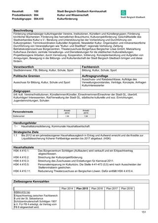 Haushalt: 100 Stadt Bergisch Gladbach Kernhaushalt 
Produktbereich: 004 Kultur und Wissenschaft 
Produktgruppe: 004.410 Kulturförderung 
Beschreibung 
Förderung ortsansässiger kulturtragender Vereine, Institutionen, Künstlern und Künstlergruppen; Förderung 
kirchlicher Büchereien; Förderung des heimatlichen Brauchtums; Kulturprojektförderung; Geschäftsstelle des 
Stadtverbandes Kultur e.V.; Beratung und Unterstützung bei der Vorbereitung und Durchführung von 
Kulturprojekten; Terminkoordination kultureller Angebote; Newsletter Kultur, Organisation und mitverantwortliche 
Durchführung von Veranstaltungen wie "Kultur- und Stadtfest"; regionale Vertretung; Zahlung 
Betriebskostenzuschuss Bürgerzentren, Theaterzuschuss Bürgerhaus Bergischer Löwe GmbH; Mietzahlung 
Kulturhaus Zanders; zentrale Verwaltungs- und Dienstleistungen für die städtischen Kulturabteilungen; 
Projektbezogene Arbeiten; durch Vernetzung, Kooperation, Initiierung, Konzeptentwicklung und Aufgreifen von 
Anregungen, Bewegung in die Bildungs- und Kulturlandschaft der Stadt Bergisch Gladbach bringen und diese 
fördern. 
Verantwortlich Fachbereich 
Stadtkämmerer, FBL Bildung, Kultur, Schule, Sport Bildung, Kultur, Schule, Sport 
Politische Gremien Auftragsgrundlage 
151 
Ausschuss für Bildung, Kultur, Schule und Sport 
Ausschuss- und Ratsbeschlüsse, Aufträge des 
Verwaltungsvorstandes, Verträge, Konzepte, Anfragen 
Kulturinteressierter 
Zielgruppen 
örtl. kult. Vereine/Institutionen, Künstlerinnen/Künstler, Einwohnerinnen/Einwohner der Stadt GL, überörtl. 
Kulturträger/ Interessenten, Rat/Verwaltung der Stadt GL, städtische kulturelle und soz. Einrichtungen, 
Jugendeinrichtungen, Schulen 
Personaleinsatz Ansatz 
2014 
Ansatz 
2015 
Stellenanteil 1,58 1,58 
Handlungsfelder 
1 - Haushaltskonsolidierung, Kommunale Haushaltswirtschaft 
Strategische Ziele 
1.1 Bis 2012 ist ein jahresbezogener Haushaltsausgleich in Ertrag und Aufwand erreicht und die Kredite zur 
Liquiditätssicherung früherer Fehlbeträge werden bis 2017 abgebaut. (HSK) 
Haushaltsziele 
HSK 4.410.1: Das Bürgerzentrum Schildgen (Aufbauten) wird verkauft und ein Erbpachtvertrag 
abgeschlossen. 
HSK 4.410.2: Streichung der Kulturprojektförderung. 
HSK 4.410.3: Streichung des Zuschusses und Erstattungen für Karneval 2011. 
HSK 4.410.5: Personaleinsparung im Kulturbüro. Die Stelle 4-41-473 (0,5) wird nach Ausscheiden der 
Stelleninhaberin gestrichen. 
HSK 4.410.11: Reduzierung Theaterzuschuss an Bergischen Löwen. Dafür entfällt HSK 4.410.4. 
Zielbezogene Kennzahlen 
Plan 2014 Plan 2015 Plan 2016 Plan 2017 Plan 2018 
HSK4.410.1a) 
Erbpachtvertrag zwischen Fachbereich 
8 und der St. Sebastianus 
Schützenbruderschaft Schildgen 1907 
e.V. Für FB 4 erledigt, da Vertrag vom 
FB 8 abgewickelt wird. 
 