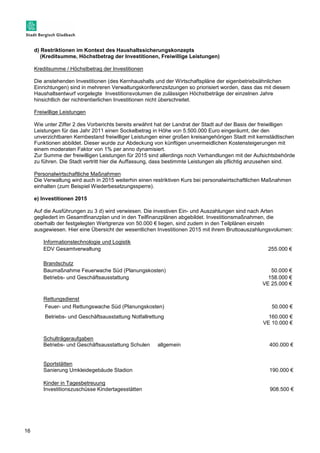 16 
d) Restriktionen im Kontext des Haushaltssicherungskonzepts 
(Kreditsumme, Höchstbetrag der Investitionen, Freiwillige Leistungen) 
Kreditsumme / Höchstbetrag der Investitionen 
Die anstehenden Investitionen (des Kernhaushalts und der Wirtschaftspläne der eigenbetriebsähnlichen 
Einrichtungen) sind in mehreren Verwaltungskonferenzsitzungen so priorisiert worden, dass das mit diesem 
Haushaltsentwurf vorgelegte Investitionsvolumen die zulässigen Höchstbeträge der einzelnen Jahre 
hinsichtlich der nichtrentierlichen Investitionen nicht überschreitet. 
Freiwillige Leistungen 
Wie unter Ziffer 2 des Vorberichts bereits erwähnt hat der Landrat der Stadt auf der Basis der freiwilligen 
Leistungen für das Jahr 2011 einen Sockelbetrag in Höhe von 5.500.000 Euro eingeräumt, der den 
unverzichtbaren Kernbestand freiwilliger Leistungen einer großen kreisangehörigen Stadt mit kernstädtischen 
Funktionen abbildet. Dieser wurde zur Abdeckung von künftigen unvermeidlichen Kostensteigerungen mit 
einem moderaten Faktor von 1% per anno dynamisiert. 
Zur Summe der freiwilligen Leistungen für 2015 sind allerdings noch Verhandlungen mit der Aufsichtsbehörde 
zu führen. Die Stadt vertritt hier die Auffassung, dass bestimmte Leistungen als pflichtig anzusehen sind. 
Personalwirtschaftliche Maßnahmen 
Die Verwaltung wird auch in 2015 weiterhin einen restriktiven Kurs bei personalwirtschaftlichen Maßnahmen 
einhalten (zum Beispiel Wiederbesetzungssperre). 
e) Investitionen 2015 
Auf die Ausführungen zu 3 d) wird verwiesen. Die investiven Ein- und Auszahlungen sind nach Arten 
gegliedert im Gesamtfinanzplan und in den Teilfinanzplänen abgebildet. Investitionsmaßnahmen, die 
oberhalb der festgelegten Wertgrenze von 50.000 € liegen, sind zudem in den Teilplänen einzeln 
ausgewiesen. Hier eine Übersicht der wesentlichen Investitionen 2015 mit ihrem Bruttoauszahlungsvolumen: 
Informationstechnologie und Logistik 
EDV Gesamtverwaltung 255.000 € 
Brandschutz 
Baumaßnahme Feuerwache Süd (Planungskosten) 50.000 € 
Betriebs- und Geschäftsausstattung 158.000 € 
VE 25.000 € 
Rettungsdienst 
Feuer- und Rettungswache Süd (Planungskosten) 50.000 € 
Betriebs- und Geschäftsausstattung Notfallrettung 160.000 € 
VE 10.000 € 
Schulträgeraufgaben 
Betriebs- und Geschäftsausstattung Schulen allgemein 
400.000 € 
Sportstätten 
Sanierung Umkleidegebäude Stadion 190.000 € 
Kinder in Tagesbetreuung 
Investitionszuschüsse Kindertagesstätten 908.500 € 
 