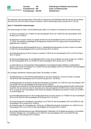 Haushalt: 100 Stadt Bergisch Gladbach Kernhaushalt 
Produktbereich: 004 Kultur und Wissenschaft 
Produktgruppe: 004.420 Stadtbücherei 
Die Zahlungen der kreisangehörigen Gemeinden für die Nutzung der Bildstelle (Zeile 06) sind für die Haushalts-jahre 
160 
2015 und 2016 mit einem Ansatz von jeweils 5.000 € veranschlagt worden (Ansatz 2014: 5.072 €). 
Zeile 17: Ordentliche Aufwendungen 
Die Aufwendungen für Sach- und Dienstleistungen (Zeile 13) umfassen im Wesentlichen die Aufwendungen 
- für Strom mit Ansätzen von 14.600 € für das Haushaltsjahr 2015 und 14.800 € für das Haushaltsjahr 2016 
(Ansatz 2014 (14.000 €). 
- für Nahwärme mit einem Ansatz von jeweils 24.000 € für die Haushaltsjahre 2015 und 2016 (Ansatz 2014: 
17.700 €). Die erheblich angestiegenen Energiepreise erfordern hier die vorgenommen Ansatzerhöhung 
gegenüber den Vorjahren. 
- für Mietnebenkosten (Büchereigebäude forum u. Stadtteilbücherei Bensberg) mit einem Ansatz von jeweils 
21.000 € für die Haushaltsjahre 2015 und 2016 (Ansatz 2014: 22.442 €). 
- die Gebäudereinigung mit einem Ansatz von jeweils 31.000 € für die Haushaltsjahre 2015 und 2016 (Ansatz 
2014: 31.500 €) 
- die Wartungs-/Pflegekosten für die Bibliotheks-EDV und die neuen E-Medien mit einem Ansatz von 19.660 € 
für das Haushaltsjahr 2015 und 19.856 € für das Haushaltsjahr 2016 (Ansatz 2014: 19.465 €). 
- zur Beschaffung von Geringwertigen Wirtschaftsgütern des Anlagevermögens (Medien und Bewegliche 
Sachen unter 410 €) mit Ansätzen von 78.000 € für das Haushaltsjahr 2015 und 79.000 € für das Haushaltsjahr 
2016 (Ansatz 2014: 78.000 €). 
Die sonstigen ordentlichen Aufwendungen (Zeile 16) enthalten vor allem 
- die Mietzahlungen an den FB 8/Immobilienbetrieb für das forum-Gebäude mit einem Ansatz von jeweils 
195.543 € für die Haushaltsjahre 2015 und 2016 (Ansatz 2014: 195.543 €). 
- die Mietzahlungen für die Räume der Bücherei Bensberg mit Ansätzen von 4.000 € für das Haushaltsjahr 2015 
und 24.000 € für das Haushaltsjahr 2016 (Ansatz 2014: 4.000 €): 
Die jährliche Grundmiete für die Räumlichkeiten der Stadtteilbücherei Bensberg beträgt 24.000 € (Mietvertrag 
bis 2020). Hiervon übernimmt die Fa. Brunotte durch Sponsoring jährlich 20.000 € bis zum Ende des Jahres 
2015, so dass ab dem Haushaltsjahr 2016 wieder die reguläre vertragliche Grundmiete in Höhe von 24.000 € 
zu veranschlagen ist. 
- die Geschäftsaufwendungen für die Verwaltungsbücherei mit einem Ansatz von 79.985 € für das Haushaltsjahr 
2015 und 80.785 € für das Haushaltsjahr 2016 (Ansatz 2014: 79.193 €). 
- die Aufwendungen für Fachliteratur mit Ansätzen von 6.700 € für das Haushaltsjahr 2015 und 6.800 € für das 
Haushaltsjahr 2016 (Ansatz 2014: 6.600 €). 
- die Aufwendungen für Veranstaltungen, Werbung und Öffentlichkeitsarbeit mit Ansätzen von 4.650 € für das 
Haushaltsjahr 2015 und 4.700 € für das Haushaltsjahr 2016 (Ansatz 2014: 4.600 €). 
- die sonstigen Betriebsaufwendungen (Bibliotheksbedarf, Materialien für die Medieneinarbeitung, Schutzfolien, 
CD-Safer, Etiketten etc.) mit Ansätzen von 21.000 € für das Haushaltsjahr 2015 und 22.000 € für das 
Haushaltsjahr 2016 (Ansatz 2014: 23.000 €). 
 