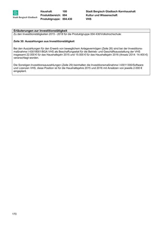 Haushalt: 100 Stadt Bergisch Gladbach Kernhaushalt 
Produktbereich: 004 Kultur und Wissenschaft 
Produktgruppe: 004.430 VHS 
Erläuterungen zur Investitionstätigkeit 
Zu den Investitionstätigkeiten 2015 - 2018 für die Produktgruppe 004 430/Volkshochschule: 
Zeile 30: Auszahlungen aus Investitionstätigkeit 
Bei den Auszahlungen für den Erwerb von beweglichem Anlagevermögen (Zeile 26) sind bei der Investitions-maßnahme 
170 
I 43018001/BGA VHS als Beschaffungsetat für die Betrieb- und Geschäftsausstattung der VHS 
insgesamt 22.000 € für das Haushaltsjahr 2015 und 15.000 € für das Haushaltsjahr 2016 (Ansatz 2014: 14.400 €) 
veranschlagt worden. 
Die Sonstigen Investitionsauszahlungen (Zeile 29) beinhalten die Investitionsmaßnahme I 43011300/Software 
und Lizenzen VHS, diese Position ist für die Haushaltsjahre 2015 und 2016 mit Ansätzen von jeweils 2.000 € 
eingeplant. 
 