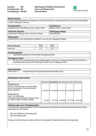 Haushalt: 100 Stadt Bergisch Gladbach Kernhaushalt 
Produktbereich: 004 Kultur und Wissenschaft 
Produktgruppe: 004.440 Haus der Musik 
Beschreibung 
Förderung des Musikwesens: Organisation und Durchführung von a) Musikunterricht, b) einem Konzertangebot 
mit dem Teilbereich "Service" 
Verantwortlich Fachbereich 
Stadtkämmerer, FBL Bildung, Kultur, Schule, Sport Bildung, Kultur, Schule, Sport 
Politische Gremien Auftragsgrundlage 
Ausschuss für Bildung, Kultur, Schule und Sport Ratsbeschluss 
Zielgruppen 
Einwohner/innen der Stadt Bergisch Gladbach und auch der umliegenden Region 
175 
Personaleinsatz Ansatz 
2014 
Ansatz 
2015 
Stellenanteil 27,47 27,15 
Handlungsfelder 
1 - Haushaltskonsolidierung, Kommunale Haushaltswirtschaft 
Strategische Ziele 
1.1 Bis 2012 ist ein jahresbezogener Haushaltsausgleich in Ertrag und Aufwand erreicht und die Kredite zur 
Liquiditätssicherung früherer Fehlbeträge werden bis 2017 abgebaut.(HSK) 
Haushaltsziele 
HSK 4.440.11: Veränderung der Personalstruktur/Himmelheberkonzept 
Zielbezogene Kennzahlen 
Plan 2014 Plan 2015 Plan 2016 Plan 2017 Plan 2018 
HSK4.440.11a) 
ab 2011 weiterer Ersatz von festen Stellen 
durch Honorarkräfte. Einsparung Stellen, 
Änderungsdaten 
31.12.2014 31.12.2014 
31.12.2015 31.12.2016 31.12.2017 
HSK4.440.11b) 
Kurz- und mittelfristige 
Personalkosteneinsparungen (geplant waren: 
31.150€; 34.800€, 46.950€, 53.200€) 
€ 6.527 € 6.733 
€ 49.848 € 77.795 € 95.758 
Erläuterungen zum Teilergebnisplan 
Jede Zeile des Teilergebnisplanes für die Produktgruppe 004 440/Haus der Musik beinhaltet mehrere Produkt-sachkonten 
für die Produkte 
- 004 440 010/Betrieb der Musikschule 
- 004 440 020/Konzerte 
Erträge und Aufwendungen werden auf dieser Ebene geplant. Dabei beinhalten als Schwerpunkte: 
 