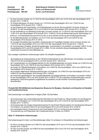 Haushalt: 100 Stadt Bergisch Gladbach Kernhaushalt 
Produktbereich: 004 Kultur und Wissenschaft 
Produktgruppe: 004.450 Kunst- und Kulturbesitz 
- für Gas mit einem Ansatz von 12.120 € für das Haushaltsjahr 2015 und 12.241 € für das Haushaltsjahr 2016 
185 
(Ansatz 2014: 12.000 €) 
- für Wasser/Abwasser mit einem Ansatz von 1.515 € für das Haushaltsjahr 2015 und 1.530 € für das 
Haushaltsjahr 2016 (Ansatz 2014: 1.500 €) 
- für die Erstattung der Hausmeister- und Aufsichtskosten an die GL-Service gGmbH mit einem Ansatz von 
42.860 € für das Haushaltsjahr 2015 und 43.289 € für das Haushaltsjahr 2016 (Ansatz 2014: 42.436 €). 
- für die Unterhaltung von Betriebsvorrichtungen mit einem Ansatz von 13.700 € für das Haushaltsjahr 2015 und 
13.801 € für das Haushaltsjahr 2016 (Ansatz 2014: 10.000 €). Durch die Modernisierung der Alarmanlage zur 
Einbruch- und Diebstahlsicherung kommt es hier zu einer leichten Erhöhung des Erhaltungsaufwandes. 
- für die Mietnebenkosten mit Ansätzen von 9.211 € für das Haushaltsjahr 2015 und 9.303 € für das 
Haushaltsjahr 2016 (Ansatz 2014: 9.120 €) 
- für sonstige Dienstleistungen (Aushilfen, Aufwendungen für Freiwilliges Soziales Jahr) mit einem Ansatz von 
7.575 € für das Haushaltsjahr 2015 und 7.651 € für das Haushaltsjahr 2016 (Ansatz 2014: 7.500 €). 
- für Honorarkosten (Projekte, Sonderveranstaltungen, Inventarisation) mit Ansätzen von jeweils 7.000 € für die 
Haushaltsjahre 2015 und 2016 (Ansatz 2014: 4.500). Für die schulische Museumspädagogik fallen hier 
zunehmend Honorare für freie Mitarbeiter an. 
Die sonstigen ordentlichen Aufwendungen (Zeile 16) enthalten hauptsächlich 
- die Erstattung der Gebäudemiete an den FB 8/Immobilienbetrieb für die Villa Zanders mit Ansätzen von jeweils 
199.010 € für die Haushaltsjahre 2015 und 2016 (Ansatz 2014: 199.010 €). 
- die Transportkosten von Kunstgegenständen für den Ausstellungsbetrieb mit einem Ansatz von 3.030 € für das 
Haushaltsjahr 2015 und 3.060 € für das Haushaltsjahr 2016 (Ansatz 2014: 3.000 €). 
- die Kosten für Öffentlichkeitsarbeit mit Ansätzen von 4.436 € für das Haushaltsjahr 2015 und 4.480 € für das 
Haushaltsjahr 2016 (Ansatz 2014: 4.392 €). 
- die sonstigen allgemeinen Betriebsaufwendungen mit Ansätzen von 4.040 € für das Haushaltsjahr 2015 und 
4.080 € für das Haushaltsjahr 2016 (Ansatz 2014: 4.000 €). 
- die Versicherungsbeiträge für den Ausstellungsbetrieb (Kunstgegenstände) mit Ansätzen von jeweils 8.000 € 
für die Haushaltsjahre 2015 und 2016 (Ansatz 2014: 6.000 €). Für die moderaten Ansatzerhöhungen sind die 
gestiegenen Versicherungswerte ausgeliehener Kunstwerke und die erhöhten Versicherungsprämien 
verantwortlich. 
Produkt 004 450 020/Betrieb des Bergischen Museums für Bergbau, Handwerk und Gewerbe mit Geopfad 
und Fossiliensammlung 
Die Zuwendungen und allgemeinen Umlagen (Zeile 02) beinhalten 
- die Zuweisungen des Landschaftsverbandes Rheinland für das Projekt zur "Neukonzeption für das Bergische 
Museum" mit Ansätzen von 13.333 € für das Haushaltsjahr 2015 und 13.334 € für das Haushaltsjahr 2016 
(Ansatz 2014: 13.333 €). 
- die Zuwendungen der übrigen Kooperationspartner für das Projekt "Neukonzeption für das Bergische Museum" 
mit Ansätzen von jeweils 6.000 € für die Haushaltsjahre 2015 und 2016 (Ansatz 2014: 6.000 €). 
- eine zweckgebundenen Zuwendung für das Haushaltsjahr 2015 zur Umsetzung des Projektes 
"Inventarisierung und Präsentation der Fossiliensammlung" in Höhe von 5.500 €. 
Zeile 17: Ordentliche Aufwendungen 
Die Aufwendungen für Sach- und Dienstleistungen (Zeile 13) umfassen im Wesentlichen die Aufwendungen 
- für Strom mit einem Ansatz von 5.050 € für das Haushaltsjahr 2015 und 5.101 € für das Haushaltsjahr 2016 
(Ansatz 2014: 5.000 €). 
- für Gas mit einem Ansatz von 8.080 € für das Haushaltsjahr 2015 und 8.161 € für das Haushaltsjahr 2016 
(Ansatz 2014: 8.000 €) 
 