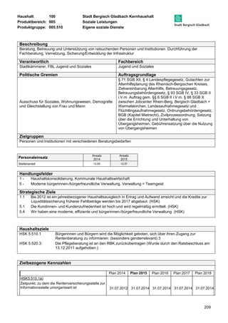 Haushalt: 100 Stadt Bergisch Gladbach Kernhaushalt 
Produktbereich: 005 Soziale Leistungen 
Produktgruppe: 005.510 Eigene soziale Dienste 
209 
Beschreibung 
Beratung, Betreuung und Unterstützung von ratsuchenden Personen und Institutionen. Durchführung der 
Fachberatung, Vernetzung, Sicherung/Entwicklung der Infrastruktur 
Verantwortlich Fachbereich 
Stadtkämmerer, FBL Jugend und Soziales Jugend und Soziales 
Politische Gremien Auftragsgrundlage 
Ausschuss für Soziales, Wohnungswesen, Demografie 
und Gleichstellung von Frau und Mann 
§ 71 SGB XII, § 4 Landespflegegesetz, Gutachten zur 
Altenhilfeplanung des Rheinisch-Bergischen Kreises, 
Zielvereinbarung Altenhilfe, Betreuungsgesetz, 
Betreuungsbehördengesetz, § 93 SGB IV, § 33 SGB II 
i.V.m. Auftrag gem. §§ 6 SGB II i.V.m. § 88 SGB X 
zwischen Jobcenter Rhein-Berg, Bergisch Gladbach + 
Wermelskirchen, Landesaufnahmegesetz und 
Flüchtlingsaufnahmegesetz, Ordnungsbehördengesetz, 
BGB (Kapitel Mietrecht), Zivilprozessordnung, Satzung 
über die Errichtung und Unterhaltung von 
Übergangsheimen, Gebührensatzung über die Nutzung 
von Übergangsheimen 
Zielgruppen 
Personen und Institutionen mit verschiedenen Beratungsbedarfen 
Personaleinsatz Ansatz 
2014 
Ansatz 
2015 
Stellenanteil 12,65 12,57 
Handlungsfelder 
1 - Haushaltskonsolidierung, Kommunale Haushaltswirtschaft 
5 - Moderne bürgerinnen-/bürgerfreundliche Verwaltung, Verwaltung = Teamgeist 
Strategische Ziele 
1.1 Bis 2012 ist ein jahresbezogener Haushaltsausgleich in Ertrag und Aufwand erreicht und die Kredite zur 
Liquiditätssicherung früherer Fehlbeträge werden bis 2017 abgebaut. (HSK) 
5.1 Die Kundinnen- und Kundenzufriedenheit ist hoch und wird regelmäßig ermittelt. (HSK) 
5.4 Wir haben eine moderne, effiziente und bürgerinnen-/bürgerfreundliche Verwaltung. (HSK) 
Haushaltsziele 
HSK 5.510.1 Bürgerinnen und Bürgern wird die Möglichkeit geboten, sich über ihren Zugang zur 
Rentenberatung zu informieren. (besonders genderrelevant) 3 
HSK 5.520.3: Die Pflegeberatung ist an den RBK zurückübertragen (Wurde durch den Ratsbeschluss am 
13.12.2011 aufgehoben.) 
Zielbezogene Kennzahlen 
Plan 2014 Plan 2015 Plan 2016 Plan 2017 Plan 2018 
HSK5.510.1a) 
Zeitpunkt, zu dem die Rentenversicherungsstelle zur 
Informationsstelle umorganisiert ist 
31.07.2012 31.07.2014 31.07.2014 31.07.2014 31.07.2014 
 