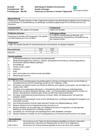 Haushalt: 100 Stadt Bergisch Gladbach Kernhaushalt 
Produktbereich: 005 Soziale Leistungen 
Produktgruppe: 005.520 Förderung von Diensten in fremder Trägerschaft 
Beschreibung 
Förderung von sozialen Diensten in freier Trägerschaft im Bereich der Stadt Bergisch Gladbach durch Gewährung 
von Zuschüssen zur Gewährleistung von Beratungs- und Betreuungsleistungen für ihre Einwohnerinnen und 
Einwohner 
Verantwortlich Fachbereich 
Stadtkämmerer, FBL Jugend und Soziales Jugend und Soziales 
Politische Gremien Auftragsgrundlage 
Ausschuss für Soziales, Wohnungswesen, Demografie 
und Gleichstellung von Frau und Mann 
§ 71 SGB XII, Zielvereinbarung Altenhilfe, § 27 
Gemeindeordnung, Hauptsatzung, Geschäftsordnung 
des Integrationsrates 
215 
Zielgruppen 
Träger von sozialen Diensten für die Einwohnerinnen und Einwohner von Bergisch Gladbach 
Personaleinsatz Ansatz 
2014 
Ansatz 
2015 
Stellenanteil 1,66 1,61 
Handlungsfelder 
1 - Haushaltskonsolidierung, Kommunale Haushaltswirtschaft 
2 - Stadtentwicklungsplanung, Wohnen u. Arbeiten, Demografische Entwicklung, Verdichtungsprobleme, 
Reurbanisierung/Rezentralisierung/Region 
8 - Schule/Bildung 
9 - Familie, Kinder, Jugend 
10 - Integration 
11 - Kultur 
12 - Sport, kommunale und nichtkommunale Sportstätten 
13 - Naherholung/Tourismus 
Strategische Ziele 
1.1 Bis 2012 ist ein jahresbezogener Haushaltsausgleich in Ertrag und Aufwand erreicht und die Kredite zur 
Liquiditätssicherung früherer Fehlbeträge werden bis 2017 abgebaut. (HSK) 
2.2 Wir denken und handeln sowohl zum Wohle der Stadt als auch regional; es wird getan, was der Region am 
meisten nützt. (HSK) 
2.5 Wir haben eine ausgewogene Alterstruktur, mit familienfreundlicher Bebauung, bedarfsgerechten 
Wohnformen und einem attraktiven Bildungs-, Kultur- und Freizeitangebot insbesondere für Familien mit 
Kindern. Demografische Veränderungen werden bei allen Planungen berücksichtigt. 
2.8 Wir haben funktionierende Zentrenstrukturen mit Haupt-, Mittel- und Nebenzentren, die bestimmte 
Aufgaben erfüllen. 
8.3 Die Angebote für lebenslanges Lernen sind für alle Bürgerinnen und Bürger bedarfsgerecht ausgebaut und 
miteinander verzahnt. 
9.2 Das familienfreundliche Profil der Stadt erleichtert Familien ihre Alltagsbewältigung. (HSK) 
10.1 Bergisch Gladbach hat ein Integrationskonzept und setzt es um. 
11.1 Bergisch Gladbach hat eine lebendige und vielfältige Kulturszene mit regionaler und überregionaler 
Bedeutung, die die Bürgerinnen und Bürger anspricht. 
12.2 Sportplätze und -einrichtungen sind bedarfsgerecht in allen Stadtteilen vorhanden. 
13.2 Bergisch Gladbach ist attraktiv für die Freizeitgestaltung von Einwohnerinnen/Einwohnern und Gästen. 
Haushaltsziele 
HSK 5.520.1: Der Zuschuss an die Träger der Seniorenbegegnungsstätten ist reduziert. (besonders 
genderrelevant) 3 (Wurde durch Ratsbeschluss vom 03.07.2012 aufgehoben.) 
HSK 5.520.4: Die Existenz der Verbraucherberatungsstelle ist durch den Kreis sicher gestellt. 
 