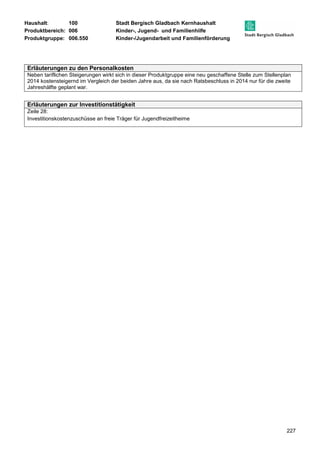 Haushalt: 100 Stadt Bergisch Gladbach Kernhaushalt 
Produktbereich: 006 Kinder-, Jugend- und Familienhilfe 
Produktgruppe: 006.550 Kinder-/Jugendarbeit und Familienförderung 
Erläuterungen zu den Personalkosten 
Neben tariflichen Steigerungen wirkt sich in dieser Produktgruppe eine neu geschaffene Stelle zum Stellenplan 
2014 kostensteigernd im Vergleich der beiden Jahre aus, da sie nach Ratsbeschluss in 2014 nur für die zweite 
Jahreshälfte geplant war. 
227 
Erläuterungen zur Investitionstätigkeit 
Zeile 28: 
Investitionskostenzuschüsse an freie Träger für Jugendfreizeitheime 
 