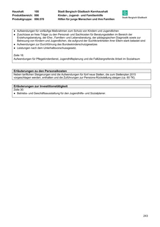 Haushalt: 100 Stadt Bergisch Gladbach Kernhaushalt 
Produktbereich: 006 Kinder-, Jugend- und Familienhilfe 
Produktgruppe: 006.570 Hilfen für junge Menschen und ihre Familien 
243 
● Aufwendungen für vorläufige Maßnahmen zum Schutz von Kindern und Jugendlichen 
● Zuschüsse an freie Träger zu den Personal- und Sachkosten für Beratungsstellen im Bereich der 
Erziehungsberatung, der Ehe-, Familien- und Lebensberatung, der pädagogischen Diagnostik sowie zur 
Betreuung von Kindern und Jugendlichen, die aufgrund der Suchtkrankheiten ihrer Eltern stark belastet sind 
● Aufwendungen zur Durchführung des Bundeskinderschutzgesetzes 
● Leistungen nach dem Unterhaltsvorschussgesetz. 
Zeile 16: 
Aufwendungen für Pflegekinderdienst, Jugendhilfeplanung und die Fallübergreifende Arbeit im Sozialraum 
Erläuterungen zu den Personalkosten 
Neben tariflichen Steigerungen sind die Aufwendungen für fünf neue Stellen, die zum Stellenplan 2015 
vorgeschlagen werden, enthalten und die Zuführungen zur Pensions-Rückstellung steigen (ca. 60 T€). 
Erläuterungen zur Investitionstätigkeit 
Zeile 30: 
● Betriebs- und Geschäftsausstattung für den Jugendhilfe- und Sozialplaner. 
 