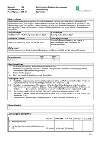 Haushalt: 100 Stadt Bergisch Gladbach Kernhaushalt 
Produktbereich: 008 Sportförderung 
Produktgruppe: 008.495 Sportstätten 
Beschreibung 
Bereitstellung eines bedarfsgerechten Sportstättenangebots; Planung, Bau, Unterhaltung, Sanierung und 
Modernisierung von Turn- und Sporthallen, Außensportanlagen und Sondersportanlagen; Modernisierung und 
Neuausstattung der Turn- und Sporthallen, Außensportanlagen und Sondersportanlagen mit Sportgeräten und 
sportgerechten Anlagen; Weiterbildung in Bezug auf Neuentwicklungen und wirtschaftlichere Ausstattung der 
Sportstätten 
Verantwortlich Fachbereich 
Stadtkämmerer, FBL Bildung, Kultur, Schule, Sport Bildung, Kultur, Schule, Sport 
Politische Gremien Auftragsgrundlage 
255 
Ausschuss für Bildung, Kultur, Schule und Sport 
Verfassung des Landes NRW Art. 18 Abs. 3; 
Beschlüsse des Rates; Beschlüsse des 
Fachausschusses; 
Zielgruppen 
Schulen, Sportvereine, Sportinteressierte Bürgerinnen und Bürger der Stadt und der näheren Umgebung 
Personaleinsatz Ansatz 
2014 
Ansatz 
2015 
Stellenanteil 9,61 8,61 
Handlungsfelder 
1 - Haushaltskonsolidierung, kommunale Haushaltswirtschaft 
2 - Stadtentwicklungsplanung, Wohnen u. Arbeiten, Demografische Entwicklung, Verdichtungsprobleme, 
Reurbanisierung/Rezentralisierung/Region 
9 - Familie, Kinder, Jugend 
12- Sport, kommunale und nichtkommunale Sportstätten 
Strategische Ziele 
1.1 Bis 2012 ist ein jahresbezogener Haushaltsausgleich in Ertrag und Aufwand erreicht und die Kredite zur 
Liquiditätssicherung früherer Fehlbeträge werden bis 2017 abgebaut. (a, b) 
2.5 Wir haben eine ausgewogene Altersstruktur, mit familienfreundlicher Bebauung, bedarfsgerechten 
Wohnformen und einem attraktiven Bildungs-, Kultur- und Freizeitangebot insbesondere für Familien mit 
Kindern. Demografische Veränderungen werden bei allen Planungen berücksichtigt. (a, b) 
9.2 Das familienfreundliche Profil der Stadt erleichtert Familien ihre Alltagsbewältigung (a, b) 
12.1 Wir haben für alle ein breites, bedarfsgerechtes Angebot an Sportmöglichkeiten für Schule, Freizeit und 
Gesundheit. (a, b) 
12.2 Sportplätze und -einrichtungen sind bedarfsgerecht in allen Stadtteilen vorhanden. (a, b) 
Haushaltsziele 
Zielbezogene Kennzahlen 
Plan 2014 Plan 2015 Plan 2016 Plan 2017 Plan 2018 
a) Anzahl Sportstätten 
1 
b) Handlungsempfehlungen/ Arbeitsstunden pro 
Jahr 
50 Stunden 
50 Stunden 50 Stunden 
 