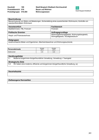 Haushalt: 100 Stadt Bergisch Gladbach Kernhaushalt 
Produktbereich: 010 Bauen und Wohnen 
Produktgruppe: 010.264 Wohnungswesen 
281 
Beschreibung 
Bezuschussung von Miete und Belastungen, Sicherstellung eines ausreichenden Wohnraums, Kontrolle von 
zweckentfremdetem Wohnraum 
Verantwortlich Fachbereich 
Stadtkämmerer, FBL Finanzen Finanzen 
Politische Gremien Auftragsgrundlage 
Haupt- und Finanzausschuss 
Wohnungsbindungsgesetz, Wohnungsbaugesetz, 
Wohngeldgesetz, Sozialgesetzbuch 
Zielgruppen 
sozial schwache Mieter und Eigentümer, Altenheimbewohner und Wohnungssuchende 
Personaleinsatz Ansatz 
2014 
Ansatz 
2015 
Stellenanteil 6,50 6,50 
Handlungsfelder 
5 - Moderne bürgerinnen-/bürgerfreundliche Verwaltung, Verwaltung = Teamgeist 
Strategische Ziele 
5.4 Wir haben eine moderne, effiziente und bürgerinnen-/bürgerfreundliche Verwaltung. (a) 
Haushaltsziele 
Zielbezogene Kennzahlen 
 
