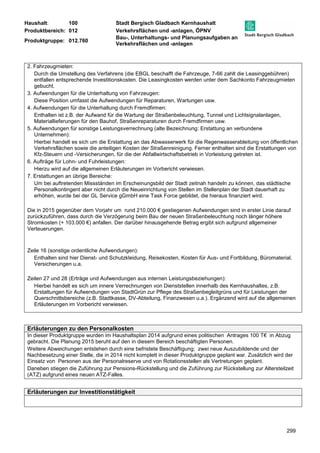 Haushalt: 100 Stadt Bergisch Gladbach Kernhaushalt 
Produktbereich: 012 Verkehrsflächen und -anlagen, ÖPNV 
Produktgruppe: 012.760 
Bau-, Unterhaltungs- und Planungsaufgaben an 
Verkehrsflächen und -anlagen 
299 
2. Fahrzeugmieten: 
Durch die Umstellung des Verfahrens (die EBGL beschafft die Fahrzeuge, 7-66 zahlt die Leasinggebühren) 
entfallen entsprechende Investitionskosten. Die Leasingkosten werden unter dem Sachkonto Fahrzeugmieten 
gebucht. 
3. Aufwendungen für die Unterhaltung von Fahrzeugen: 
Diese Position umfasst die Aufwendungen für Reparaturen, Wartungen usw. 
4. Aufwendungen für die Unterhaltung durch Fremdfirmen: 
Enthalten ist z.B. der Aufwand für die Wartung der Straßenbeleuchtung, Tunnel und Lichtsignalanlagen, 
Materiallieferungen für den Bauhof, Straßenreparaturen durch Fremdfirmen usw. 
5. Aufwendungen für sonstige Leistungsverrechnung (alte Bezeichnung: Erstattung an verbundene 
Unternehmen): 
Hierbei handelt es sich um die Erstattung an das Abwasserwerk für die Regenwasserableitung von öffentlichen 
Verkehrsflächen sowie die anteiligen Kosten der Straßenreinigung. Ferner enthalten sind die Erstattungen von 
Kfz-Steuern und -Versicherungen, für die der Abfallwirtschaftsbetrieb in Vorleistung getreten ist. 
6. Aufträge für Lohn- und Fuhrleistungen: 
Hierzu wird auf die allgemeinen Erläuterungen im Vorbericht verwiesen. 
7. Erstattungen an übrige Bereiche: 
Um bei auftretenden Missständen im Erscheinungsbild der Stadt zeitnah handeln zu können, das städtische 
Personalkontingent aber nicht durch die Neueinrichtung von Stellen im Stellenplan der Stadt dauerhaft zu 
erhöhen, wurde bei der GL Service gGmbH eine Task Force gebildet, die hieraus finanziert wird. 
Die in 2015 gegenüber dem Vorjahr um rund 210.000 € gestiegenen Aufwendungen sind in erster Linie darauf 
zurückzuführen, dass durch die Verzögerung beim Bau der neuen Straßenbeleuchtung noch länger höhere 
Stromkosten (+ 103.000 €) anfallen. Der darüber hinausgehende Betrag ergibt sich aufgrund allgemeiner 
Verteuerungen. 
Zeile 16 (sonstige ordentliche Aufwendungen): 
Enthalten sind hier Dienst- und Schutzkleidung, Reisekosten, Kosten für Aus- und Fortbildung, Büromaterial, 
Versicherungen u.a. 
Zeilen 27 und 28 (Erträge und Aufwendungen aus internen Leistungsbeziehungen): 
Hierbei handelt es sich um innere Verrechnungen von Dienststellen innerhalb des Kernhaushaltes, z.B. 
Erstattungen für Aufwendungen von StadtGrün zur Pflege des Straßenbegleitgrüns und für Leistungen der 
Querschnittsbereiche (z.B. Stadtkasse, DV-Abteilung, Finanzwesen u.a.). Ergänzend wird auf die allgemeinen 
Erläuterungen im Vorbericht verwiesen. 
Erläuterungen zu den Personalkosten 
In dieser Produktgruppe wurden im Haushaltsplan 2014 aufgrund eines politischen Antrages 100 T€ in Abzug 
gebracht. Die Planung 2015 beruht auf den in diesem Bereich beschäftigten Personen. 
Weitere Abweichungen entstehen durch eine befristete Beschäftigung; zwei neue Auszubildende und der 
Nachbesetzung einer Stelle, die in 2014 nicht komplett in dieser Produktgruppe geplant war. Zusätzlich wird der 
Einsatz von Personen aus der Personalreserve und von Rotationsstellen als Vertretungen geplant. 
Daneben stiegen die Zuführung zur Pensions-Rückstellung und die Zuführung zur Rückstellung zur Altersteilzeit 
(ATZ) aufgrund eines neuen ATZ-Falles. 
Erläuterungen zur Investitionstätigkeit 
 