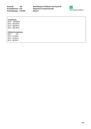 Haushalt: 100 Stadt Bergisch Gladbach Kernhaushalt 
Produktbereich: 016 Allgemeine Finanzwirtschaft 
Produktgruppe: 016.290 Steuern 
339 
Hundesteuer: 
2012: 488.885 € 
2013: 462.000 € 
2014: 485.000 € 
2015: 500.000 € 
Zweitwohnungssteuer: 
2012: 0 € 
2013: 75.000 € 
2014: 45.500 € 
2015: 90.000 € 
 